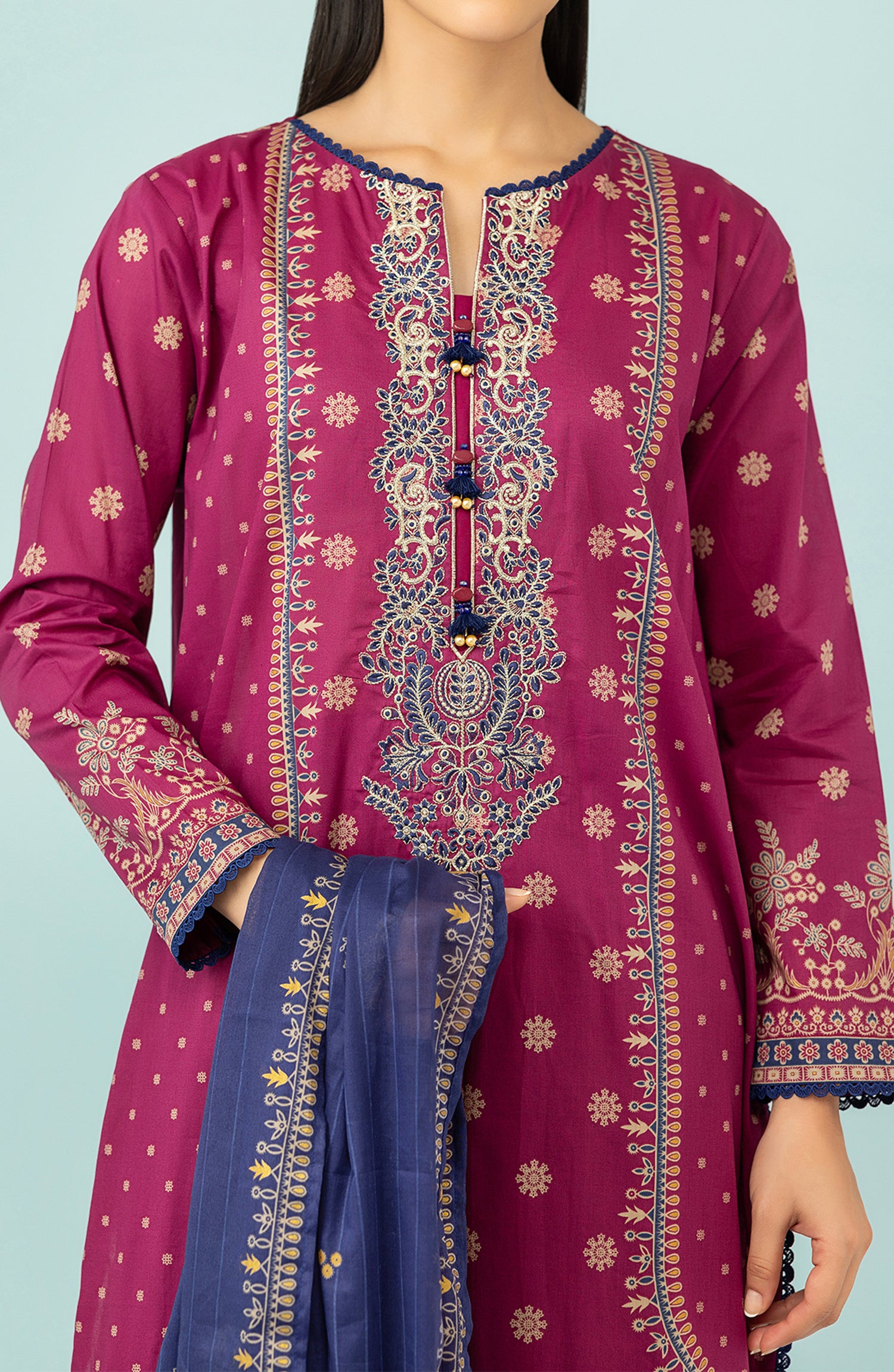 Unstitched 3 Piece Embroidered Lawn Shirt , Cambric Pant and Lawn Dupatta (OTL-24-410/U MAGENTA)