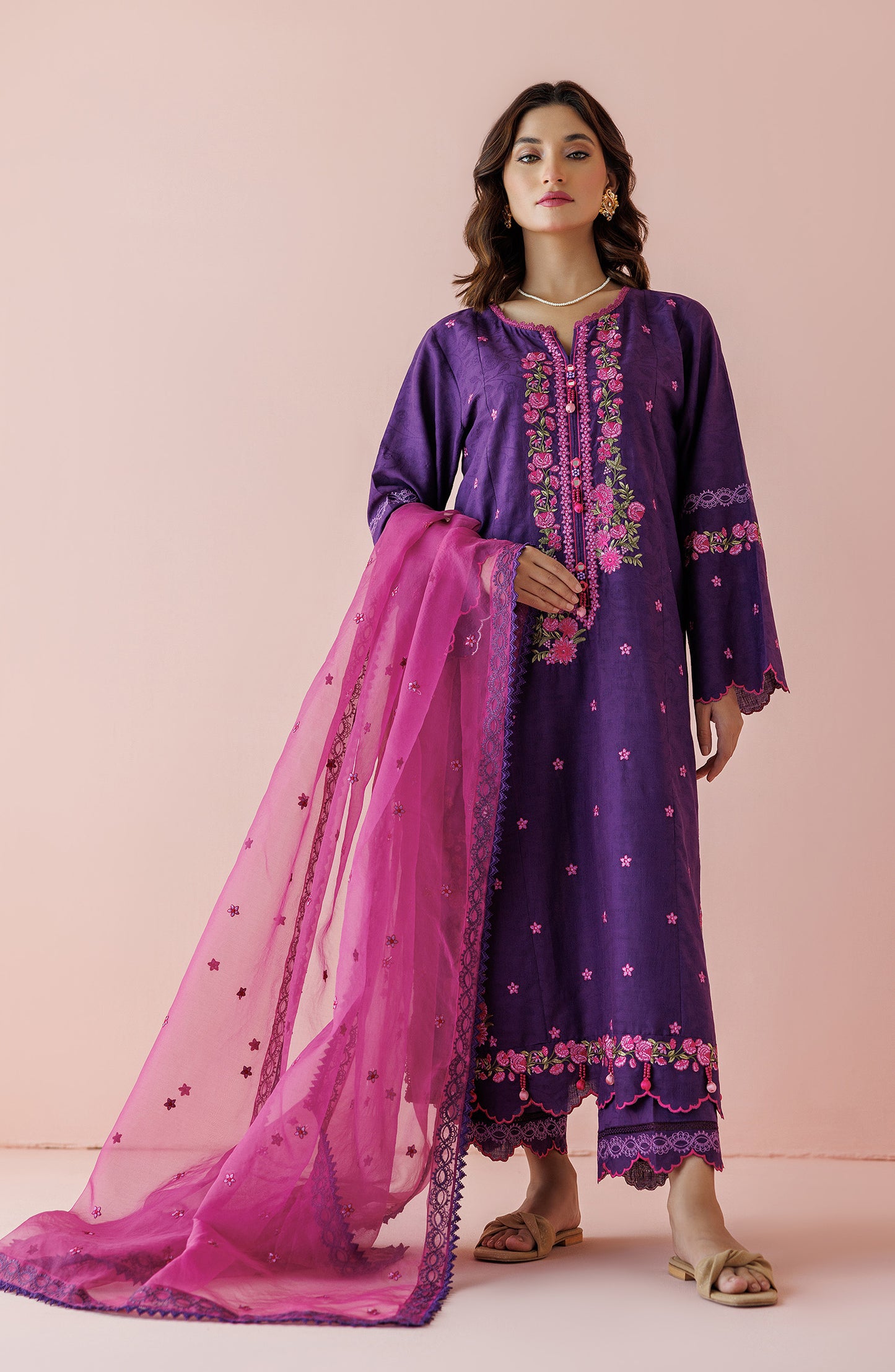 Unstitched 3 Piece Embroidered Jacquard Shirt , Jacquard Pant and Organza Dupatta (OTL-24-003/U PURPLE)