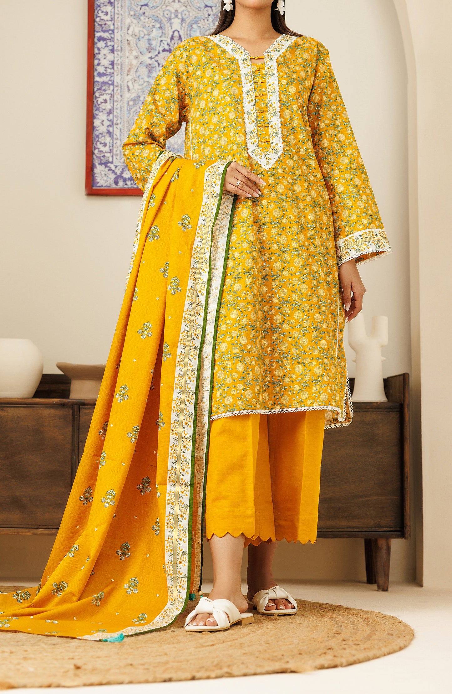 Stitched 3 Piece Printed Khaddar Shirt , Khaddar Pant and Khaddar Dupatta (OTL-24-141/S OCHRE)