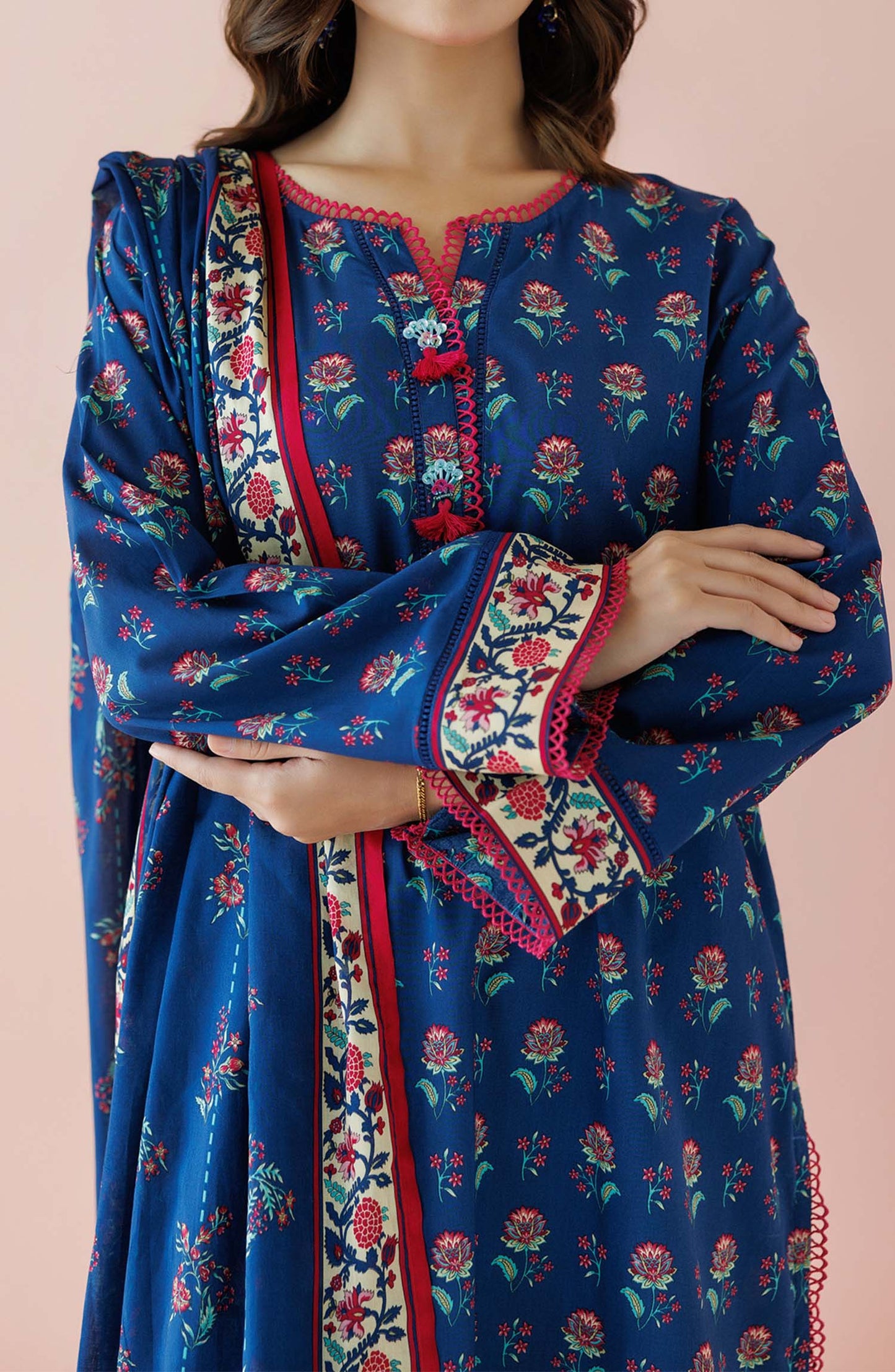 Unstitched 3 Piece Printed Lawn Shirt , Cambric Pant and Lawn Dupatta (OTL-24-154/U BLUE)