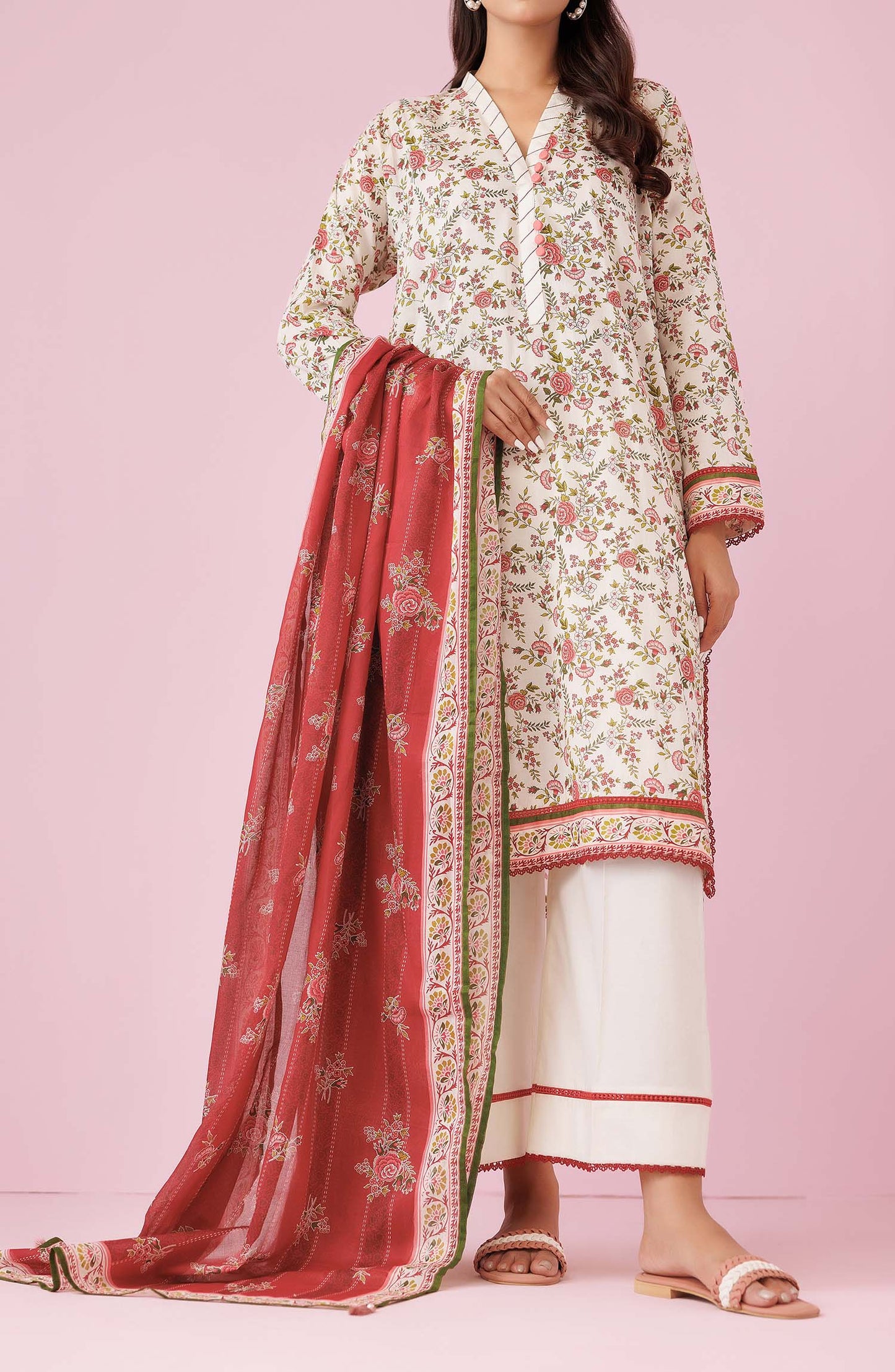 Unstitched 3 Piece Printed Lawn Shirt , Cambric Pant and Lawn Dupatta (OTL-24-296/U BEIGE)