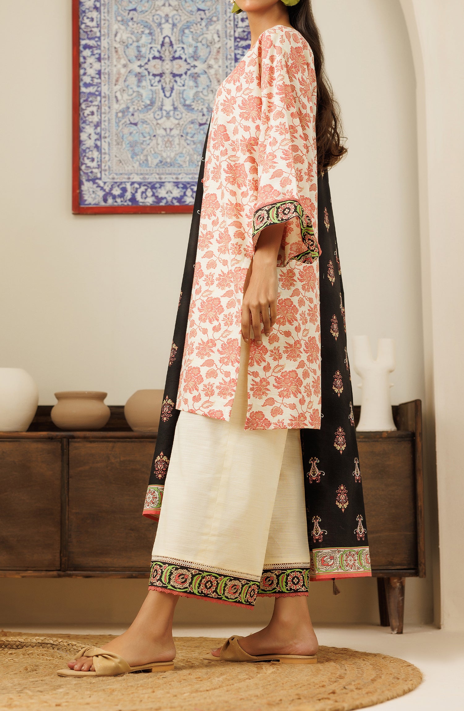 Stitched 3 Piece Printed Khaddar Shirt , Khaddar Pant and Khaddar Dupatta (OTL-24-425/S BEIGE)