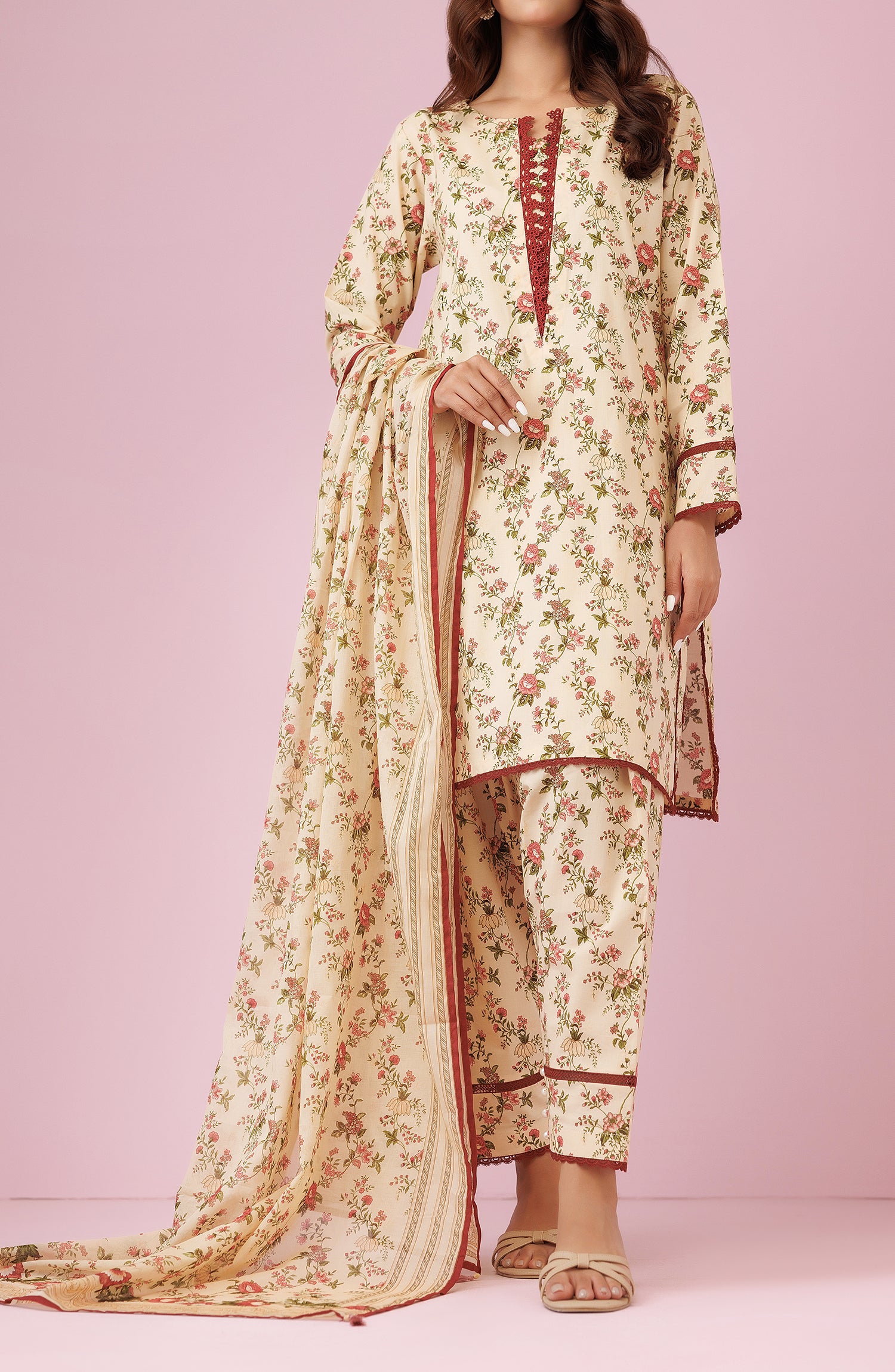 Unstitched 3 Piece Printed Lawn Shirt , Cambric Pant and Lawn Dupatta (OTL-24-430/U BEIGE)