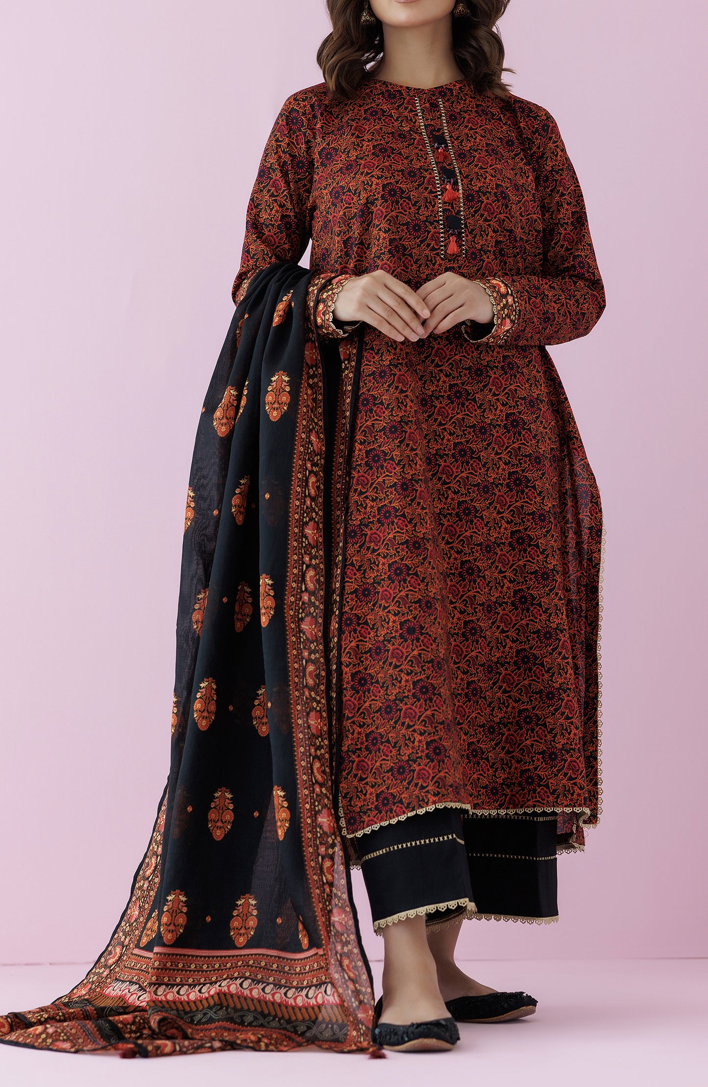 Stitched 3 Piece Premium Printed Casual Lawn Shirt , Cambric Pant and Lawn Dupatta (OTL-24-146/S BLACK)