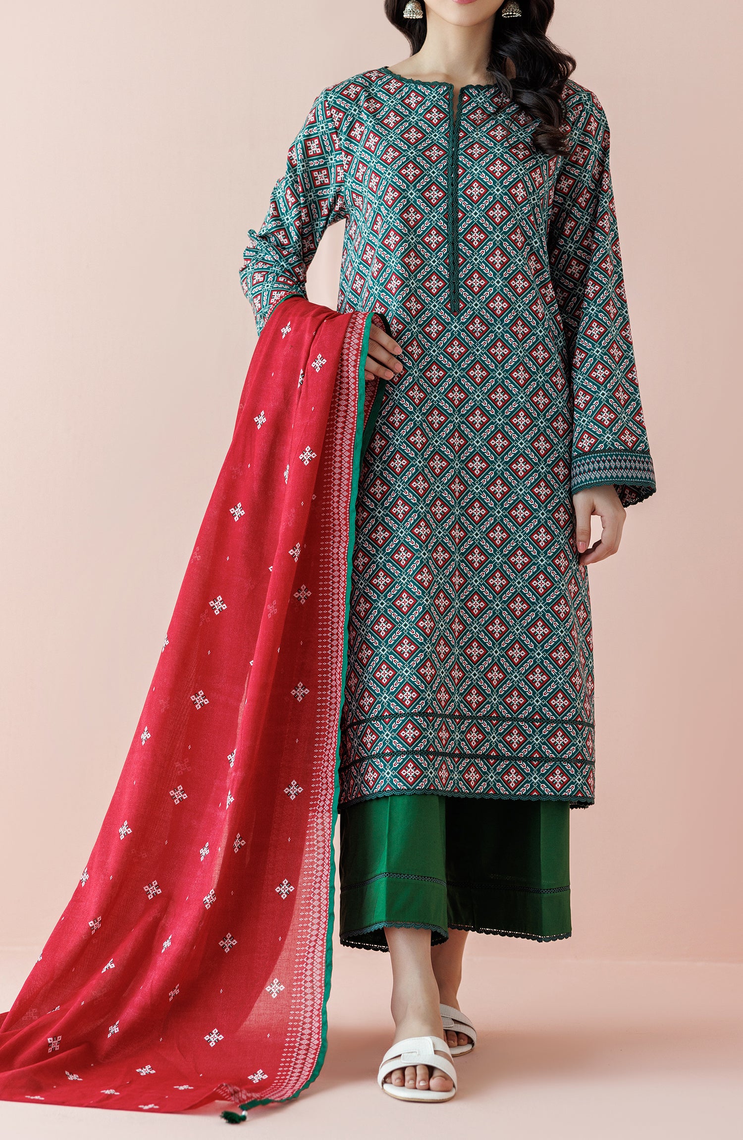 Unstitched 3 Piece Printed Lawn Shirt , Cambric Pant and Lawn Dupatta (OTL-24-360/U GREEN)