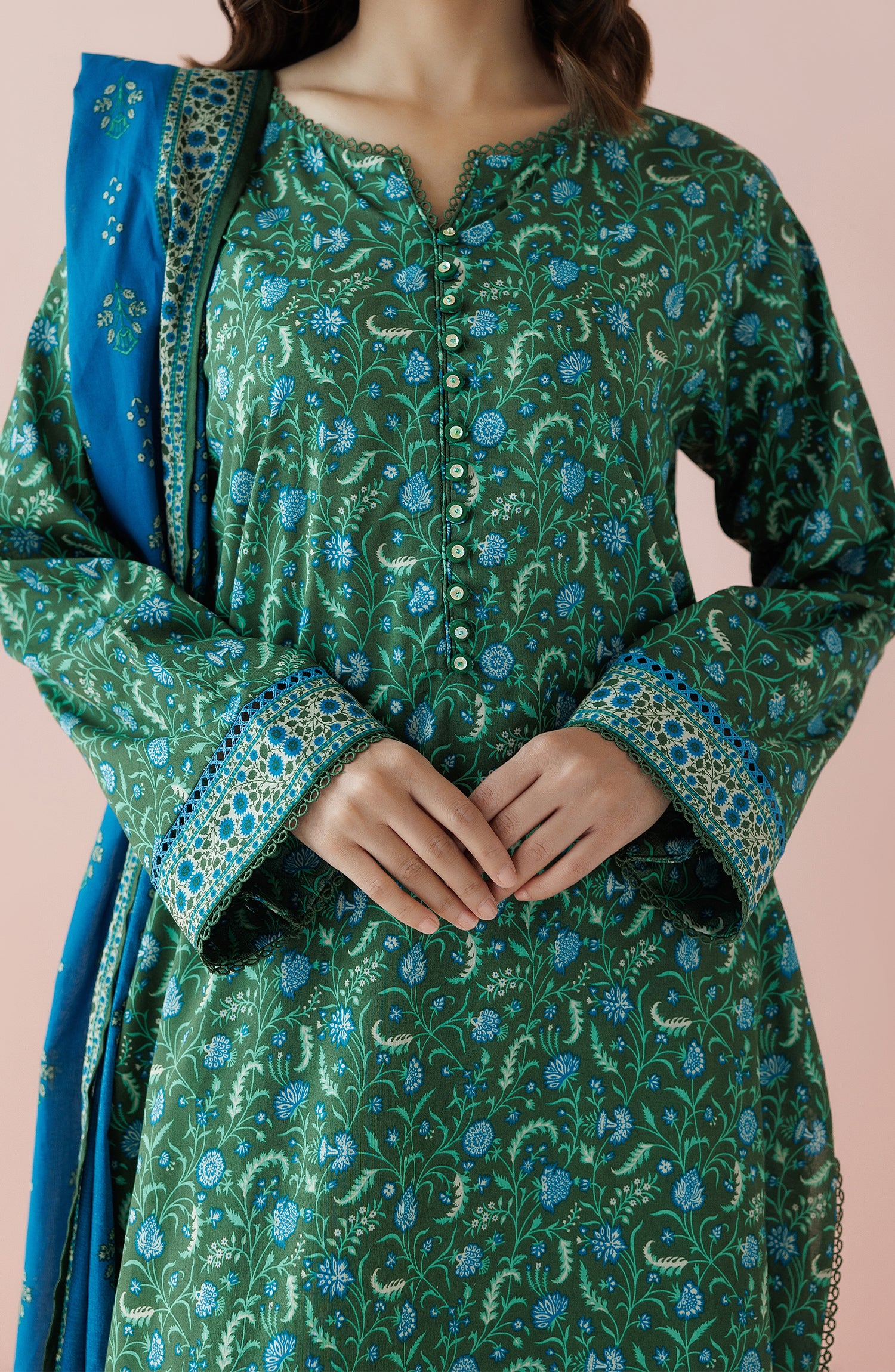 Unstitched 3 Piece Printed Lawn Shirt , Cambric Pant and Lawn Dupatta (OTL-24-190/U GREEN)