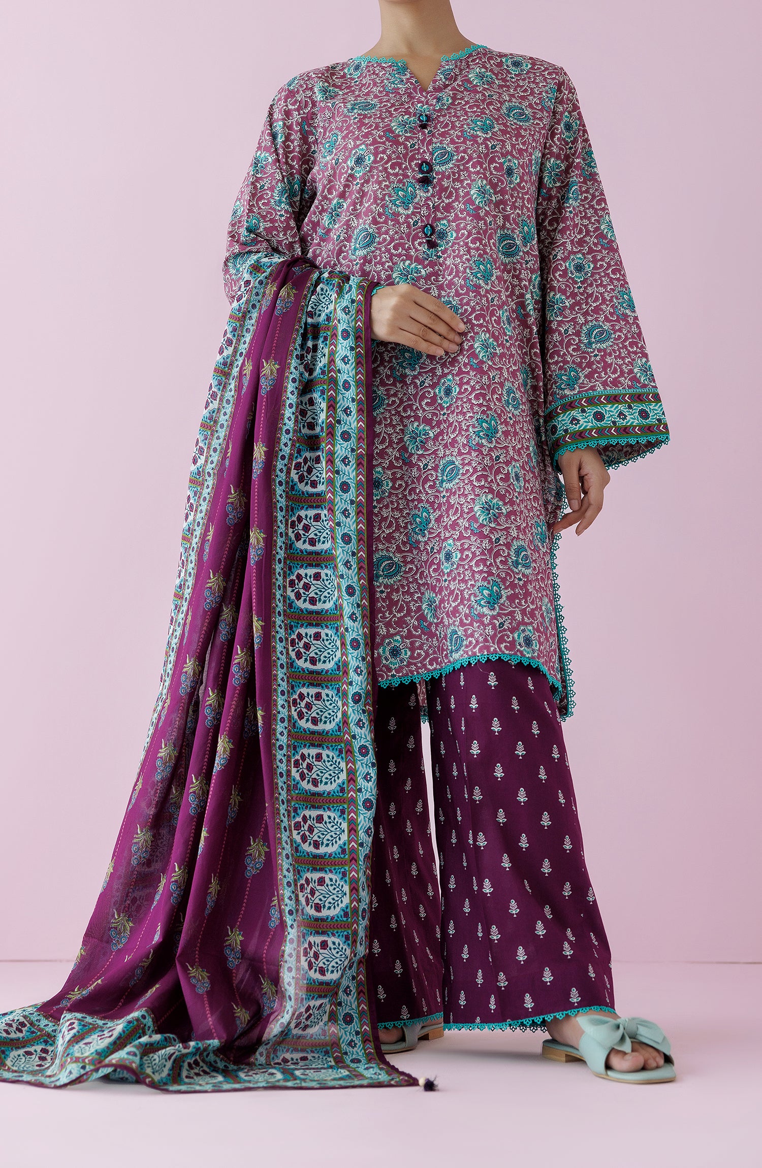 Unstitched 3 Piece Printed Lawn Shirt , Cambric Pant and Lawn Dupatta (OTL-24-363/U PINK)