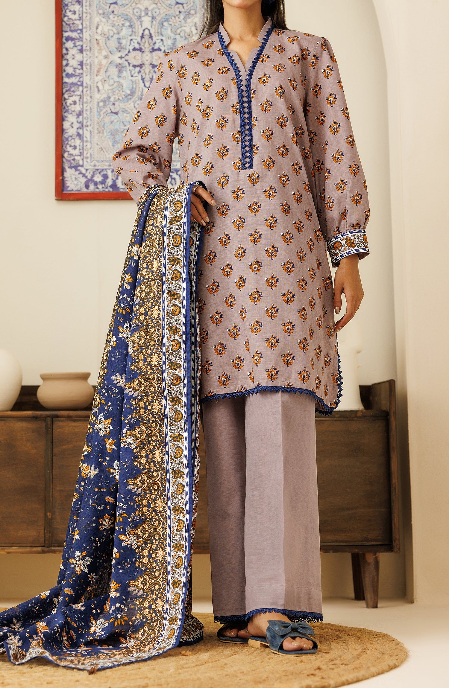 OTL-24-208/U GREY KHADDAR Women UNSTITCHED SHIRT DUPATTA PANTS