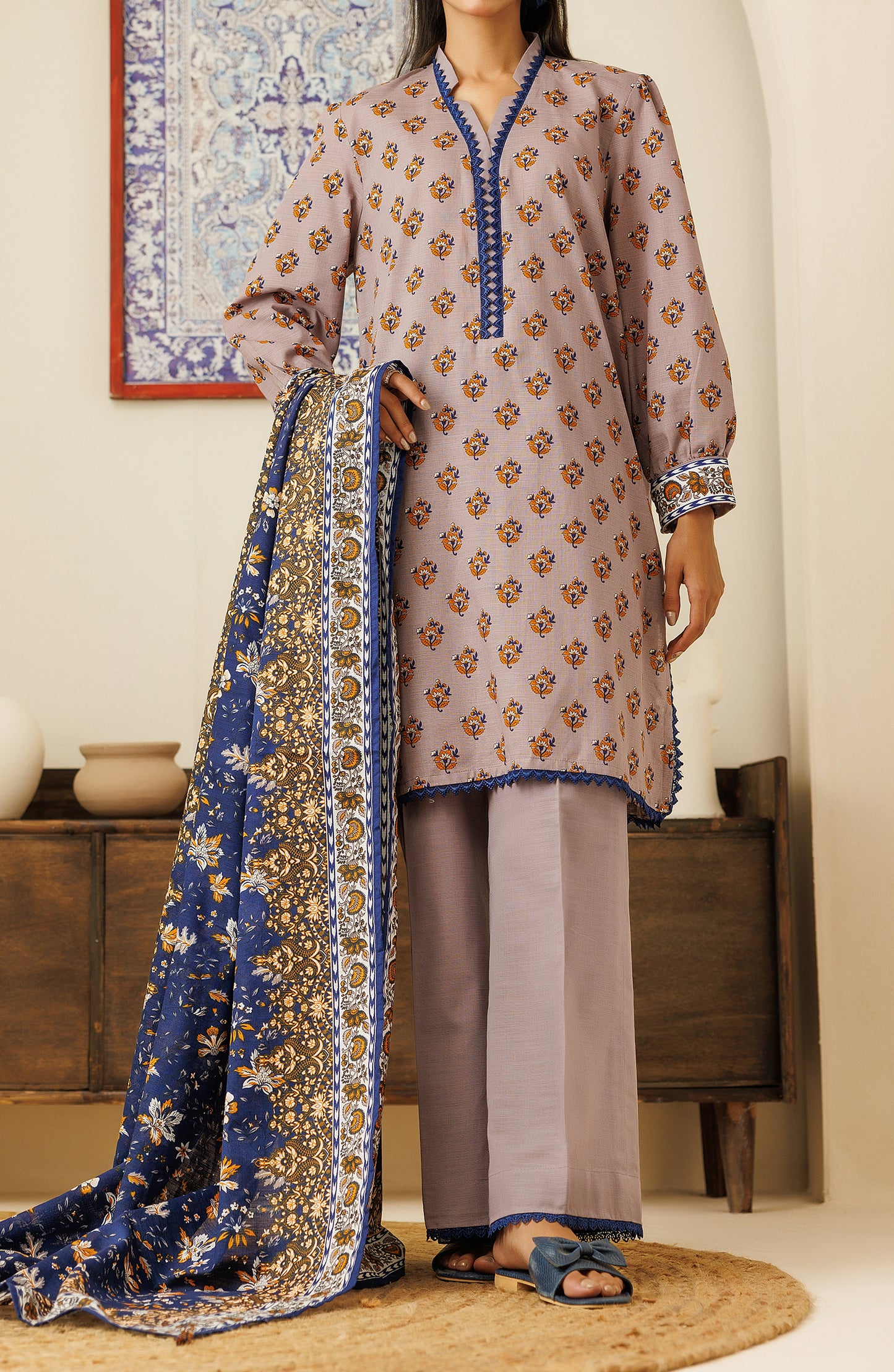 OTL-24-208/U GREY KHADDAR Women UNSTITCHED SHIRT DUPATTA PANTS