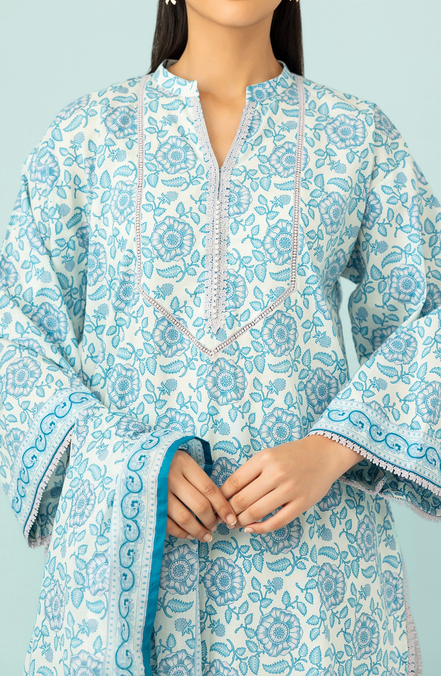 Unstitched 3 Piece Printed Lawn Shirt , Cambric Pant and Lawn Dupatta (OTL-24-424/U ICE BLUE)