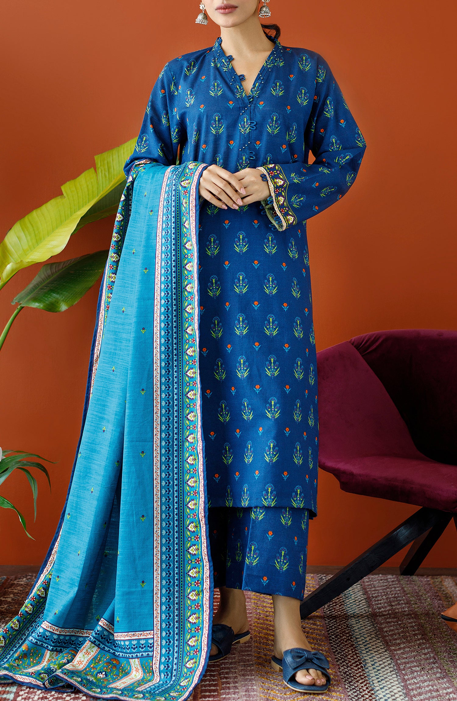 OTL-23-200/U BLUE KHADDAR Women UNSTITCHED SHIRT DUPATTA PANTS