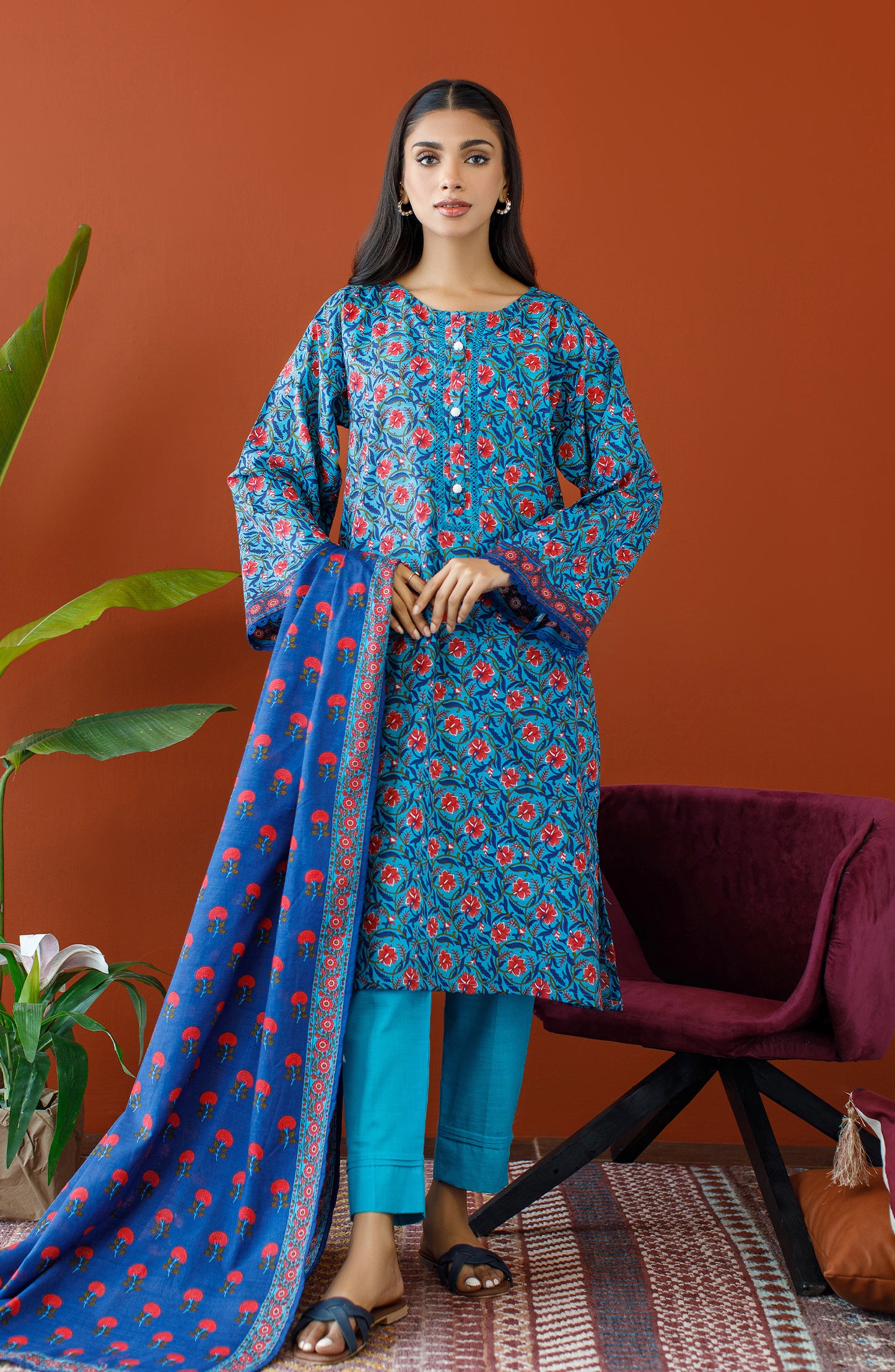 OTL-23-211/S TURQUOISE KHADDAR Women READY TO WEAR SHIRT DUPATTA PANTS