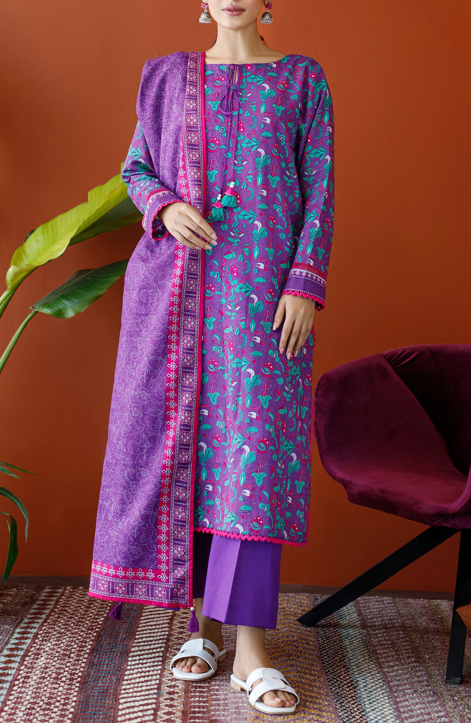 OTL-23-229/U PURPLE KHADDAR Women UNSTITCHED SHIRT DUPATTA PANTS