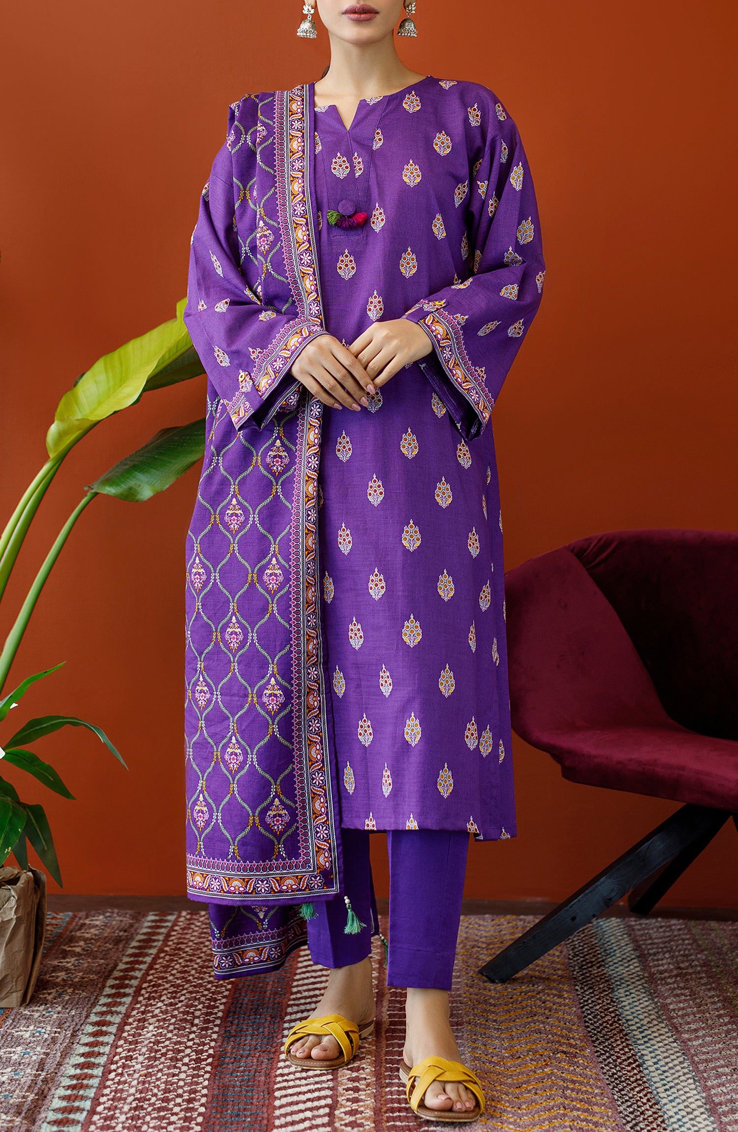 OTL-23-237/U PURPLE KHADDAR Women UNSTITCHED SHIRT DUPATTA PANTS