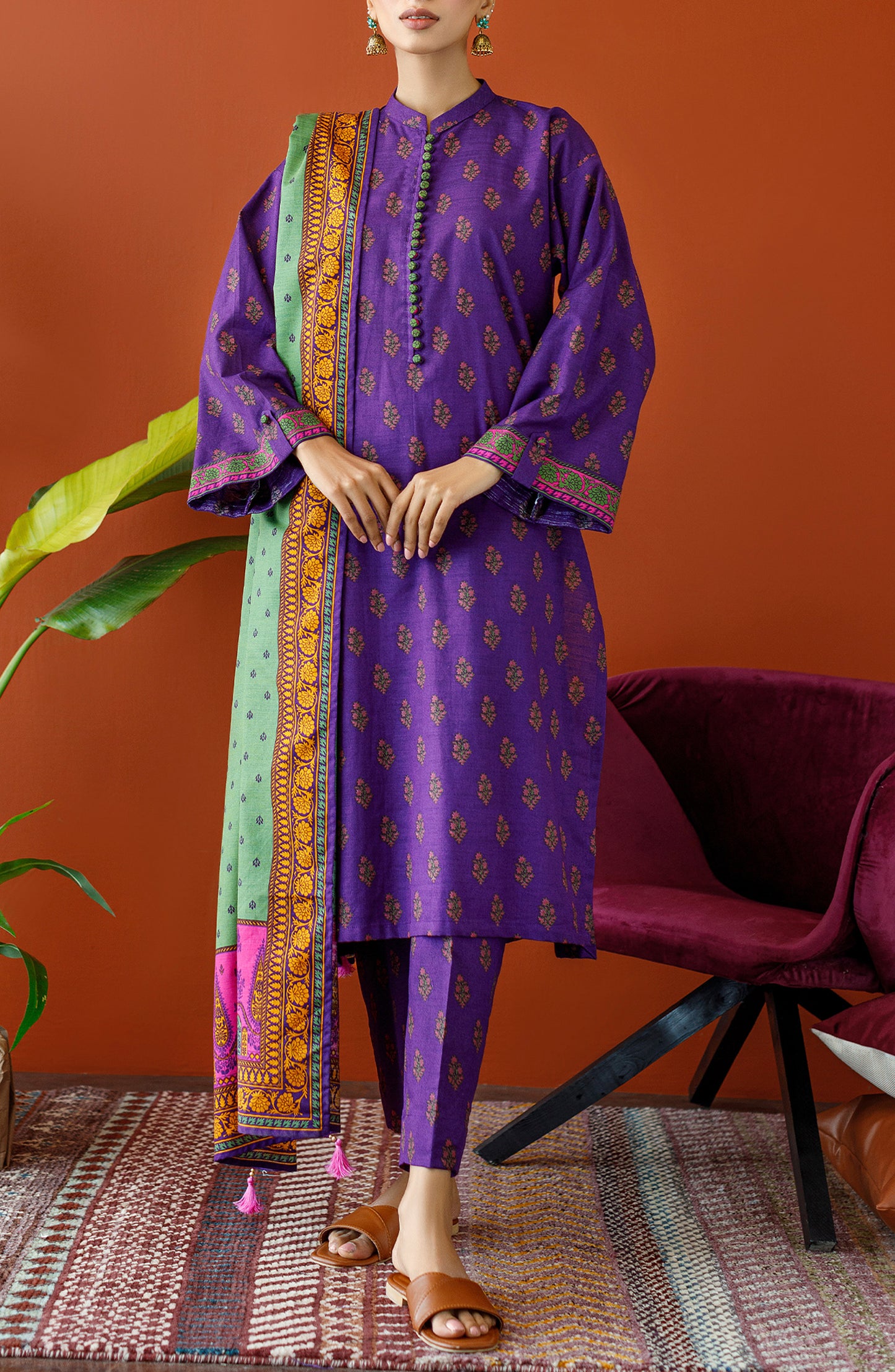 OTL-23-239/U PURPLE KHADDAR Women UNSTITCHED SHIRT DUPATTA PANTS