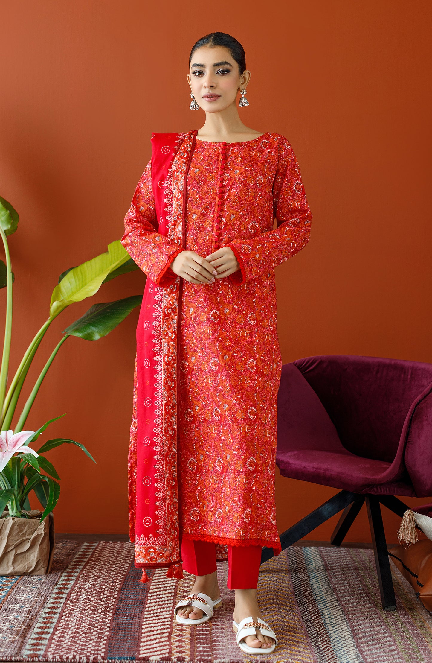 OTL-23-244/S RED CAMBRIC Women READY TO WEAR SHIRT DUPATTA PANTS