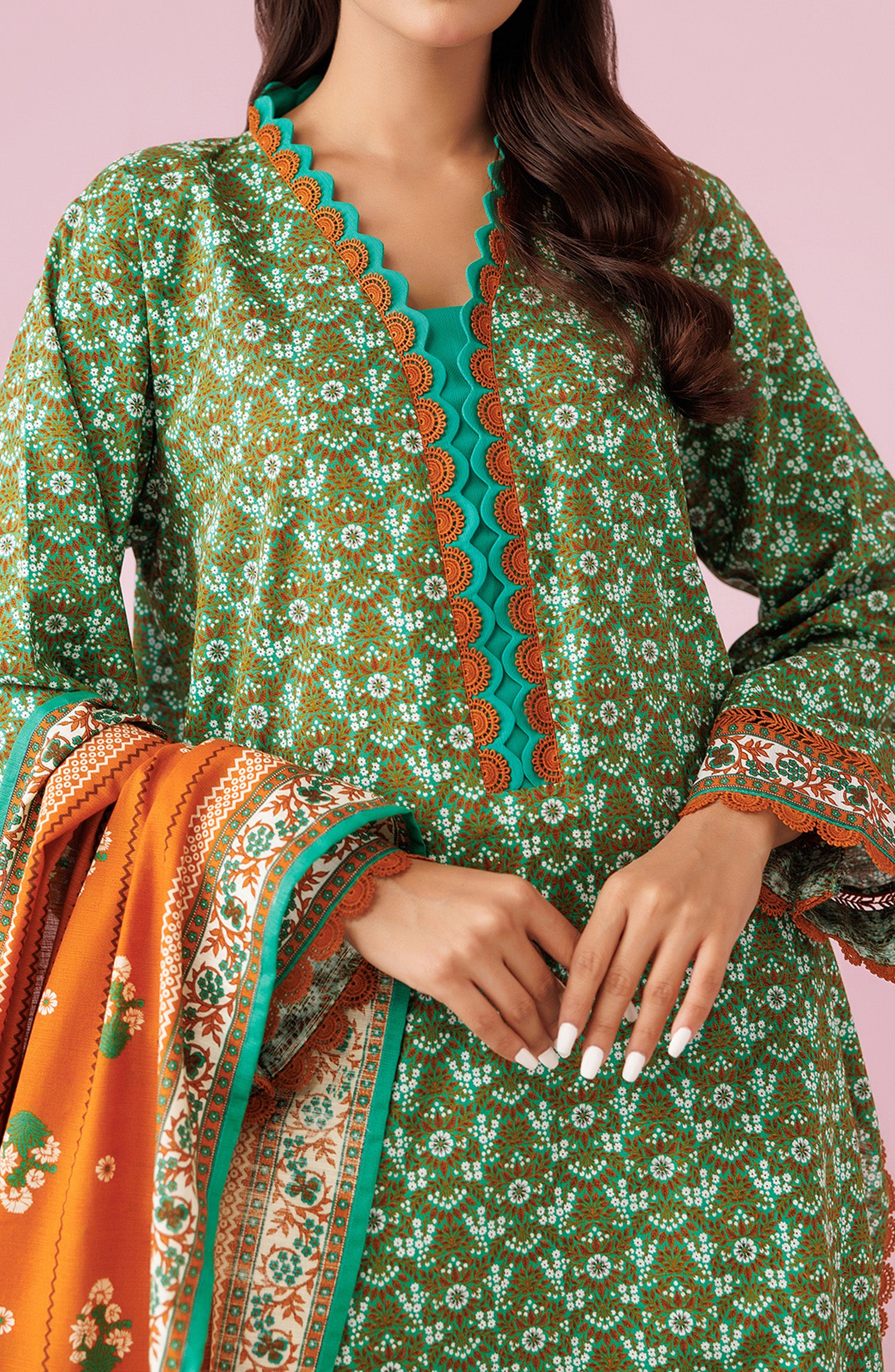 Unstitched 3 Piece Printed Khaddar Shirt , Khaddar Pant and Khaddar Dupatta (OTL-24-310/U GREEN)