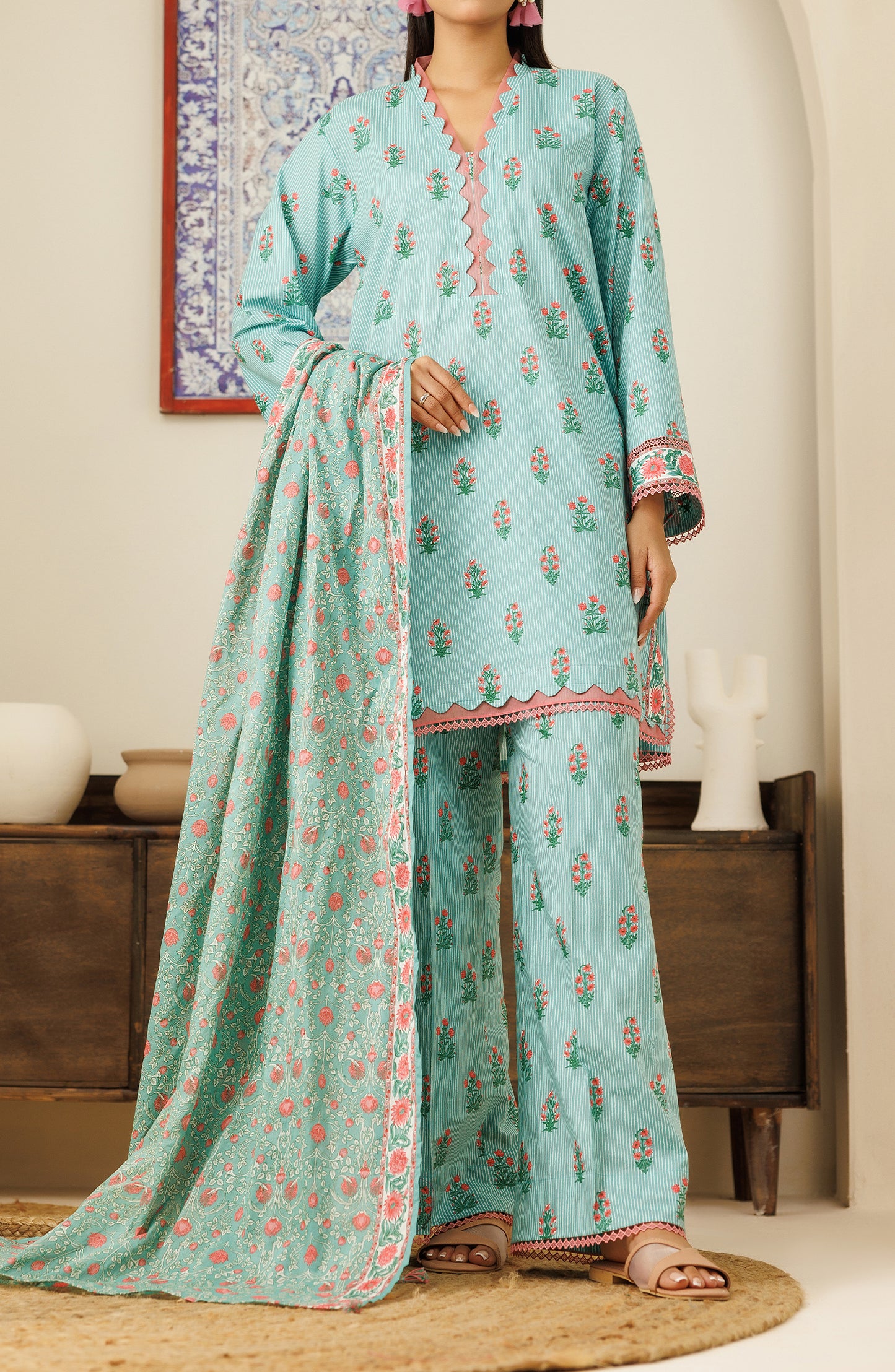 Unstitched 3 Piece Printed Cambric Shirt , Cambric Pant and Cambric Dupatta (OTL-24-242/U SKY BLUE)