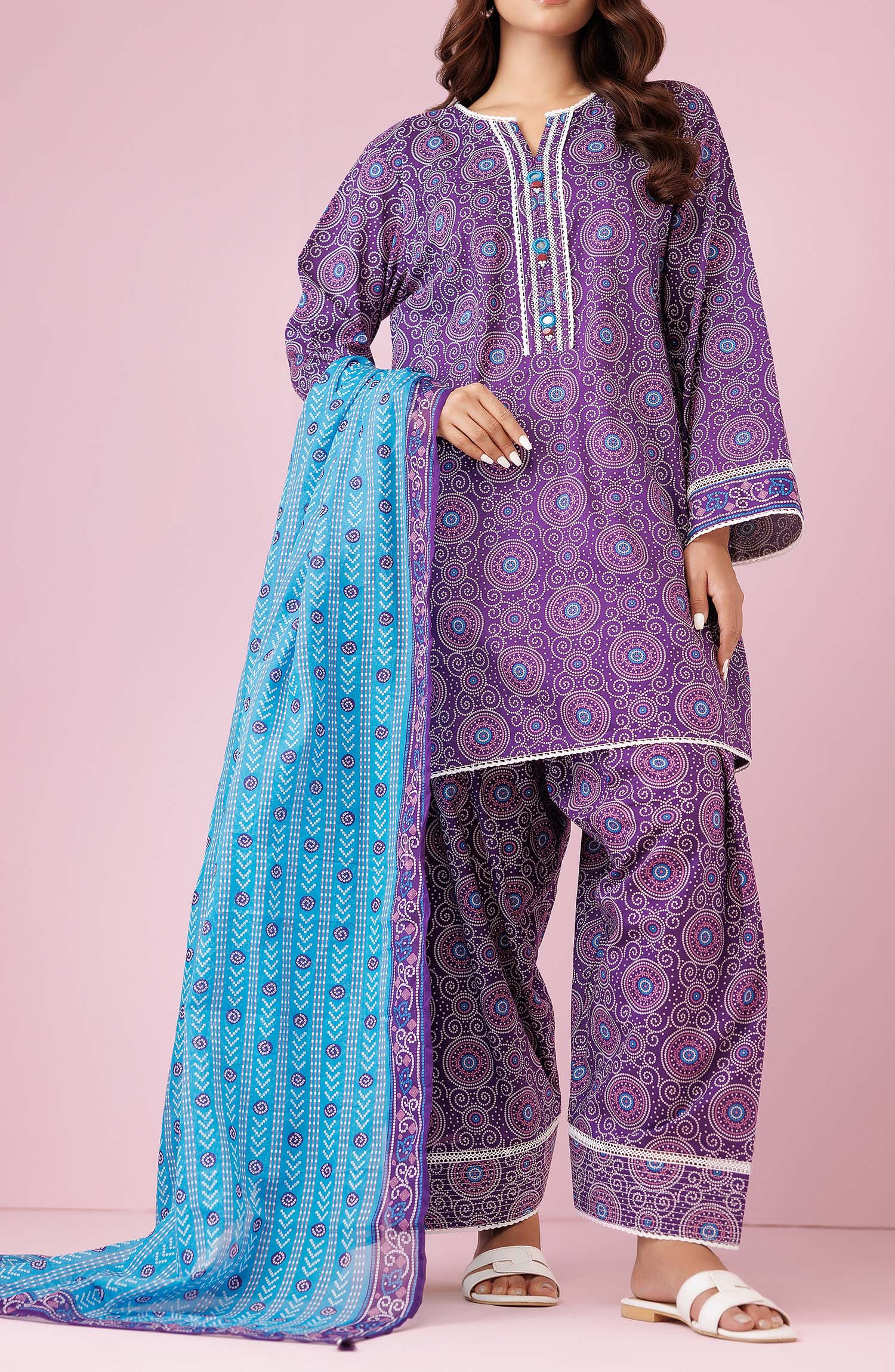 Unstitched 3 Piece Printed Lawn Shirt , Cambric Pant and Lawn Dupatta (OTL-24-376/U PURPLE)