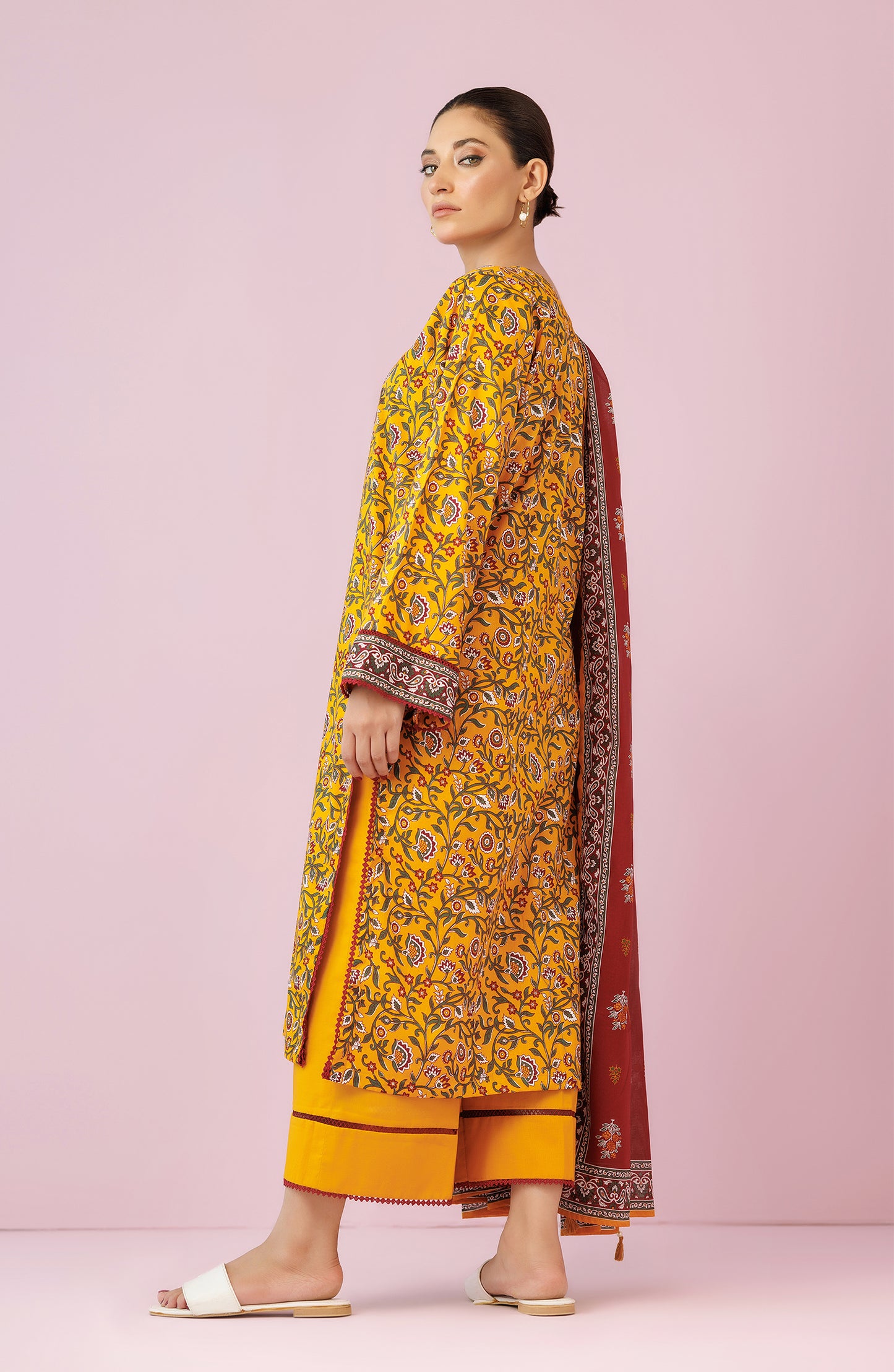 Unstitched 3 Piece Printed Lawn Shirt , Cambric Pant and Lawn Dupatta (OTL-24-186/U YELLOW)