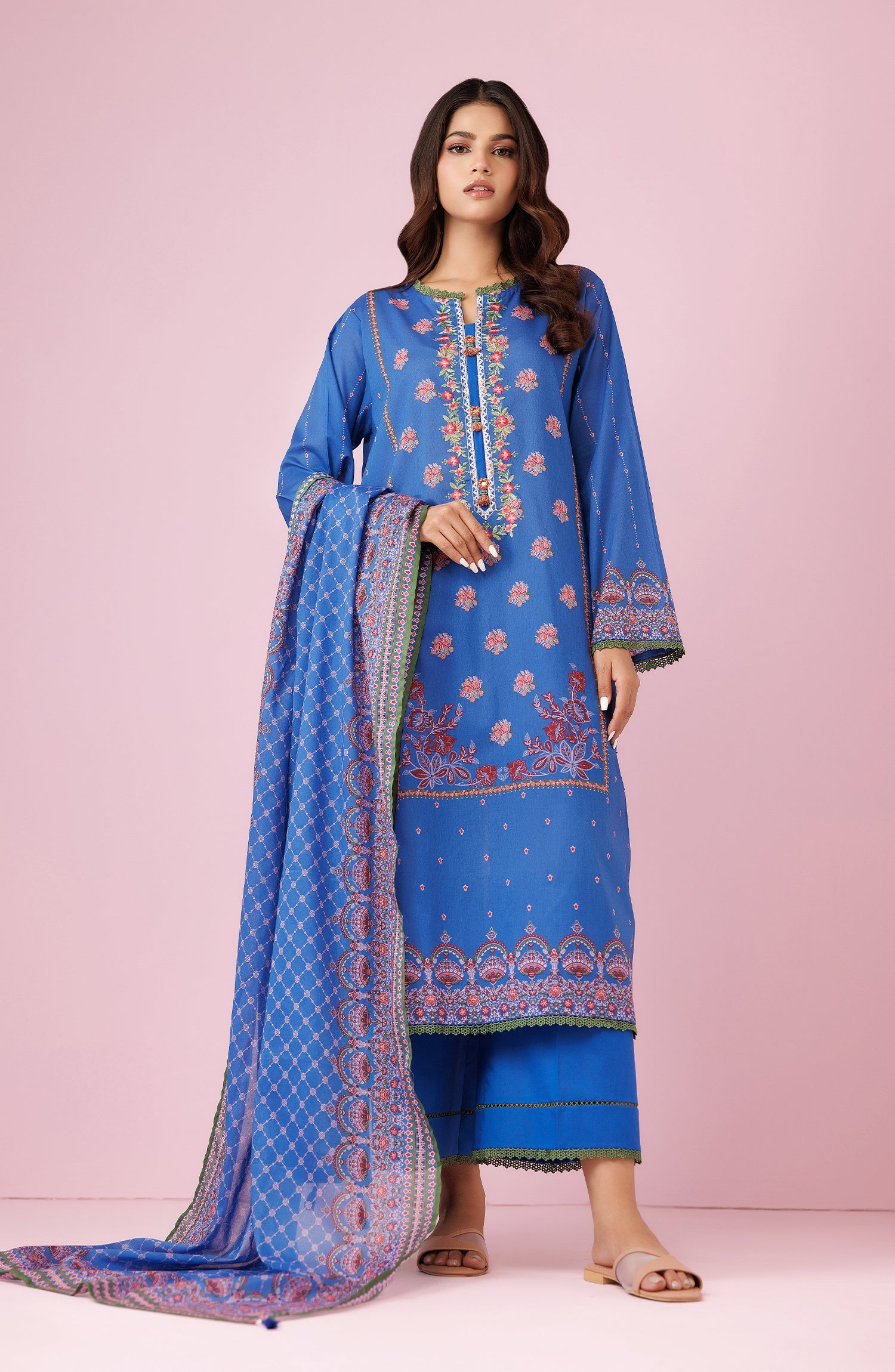 Unstitched 3 Piece Embroidered Lawn Shirt , Cambric Pant and Kitonic Chiffon Dupatta (OTL-24-407/U BLUE)