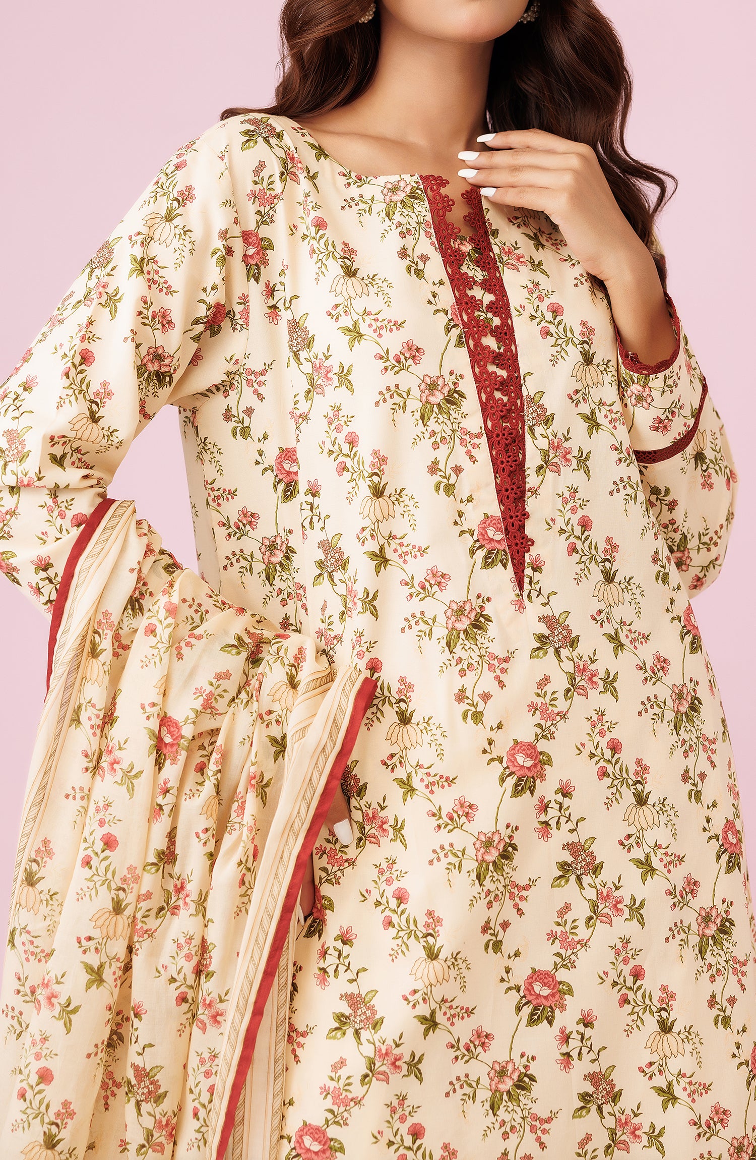 Unstitched 3 Piece Printed Lawn Shirt , Cambric Pant and Lawn Dupatta (OTL-24-430/U BEIGE)