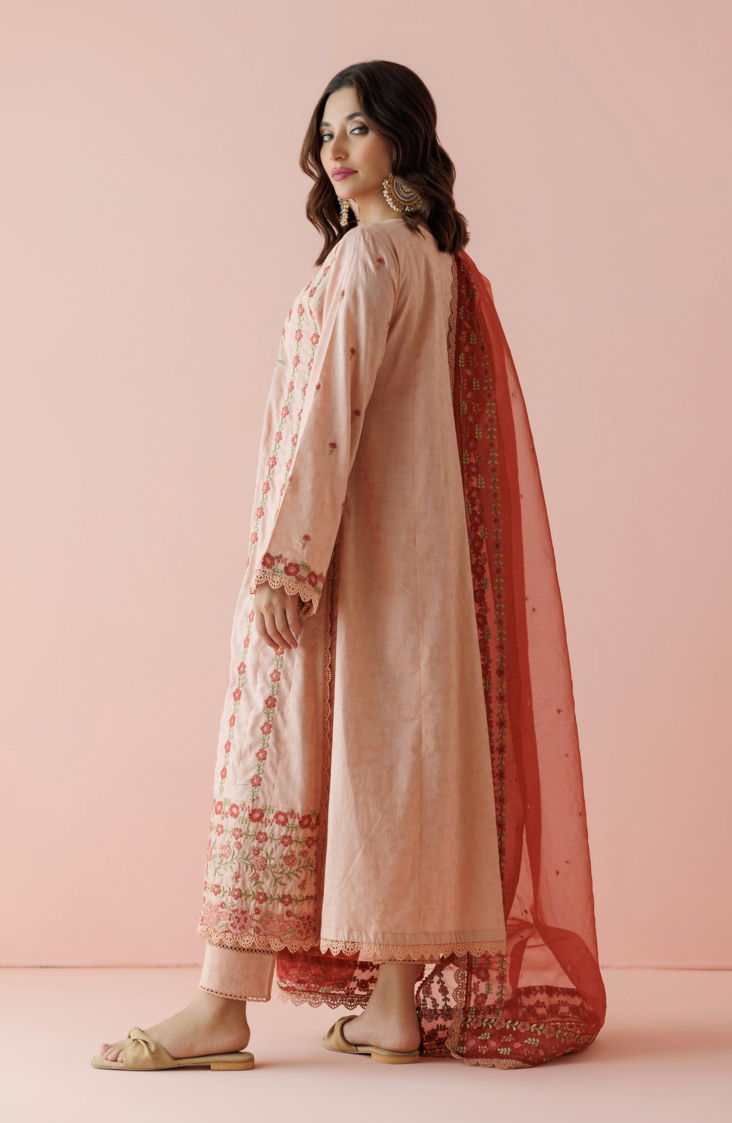 Unstitched 3 Piece Embroidered Jacquard Shirt , Jacquard Pant and Organza Dupatta (OTL-24-004/U PEACH)