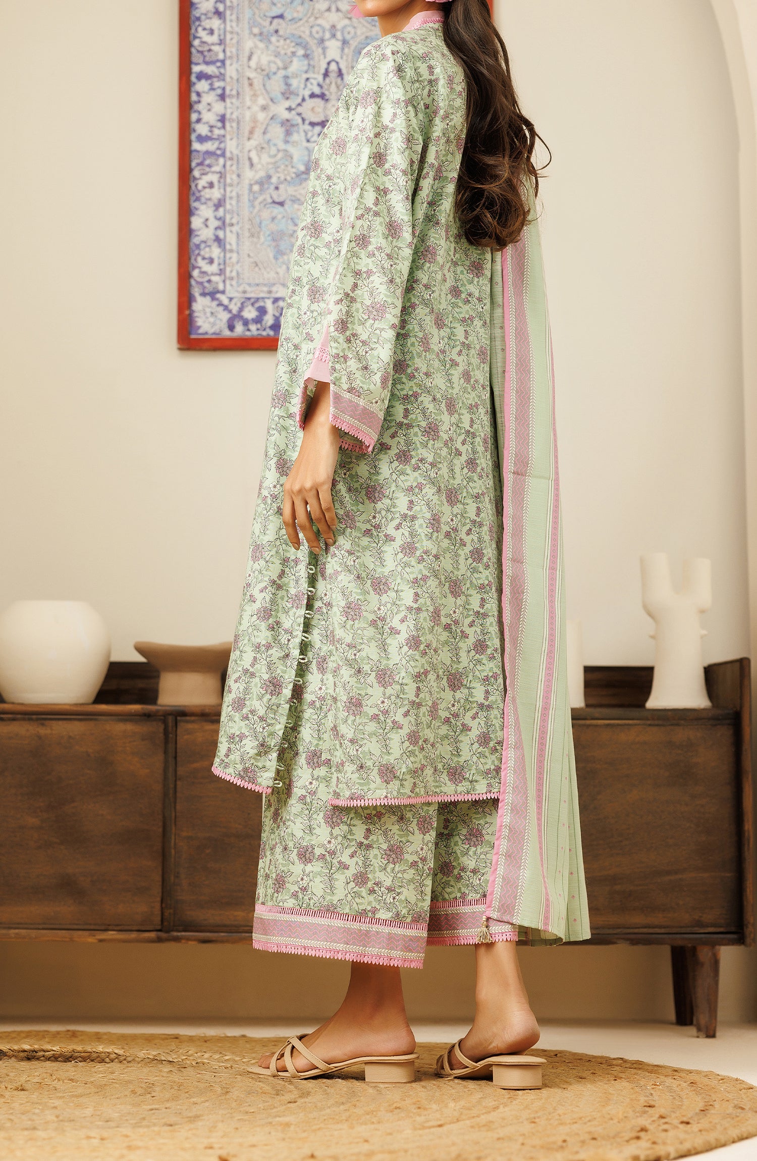 Unstitched 3 Piece Printed Khaddar Shirt , Khaddar Pant and Khaddar Dupatta (OTL-24-381/U MINT GREEN)