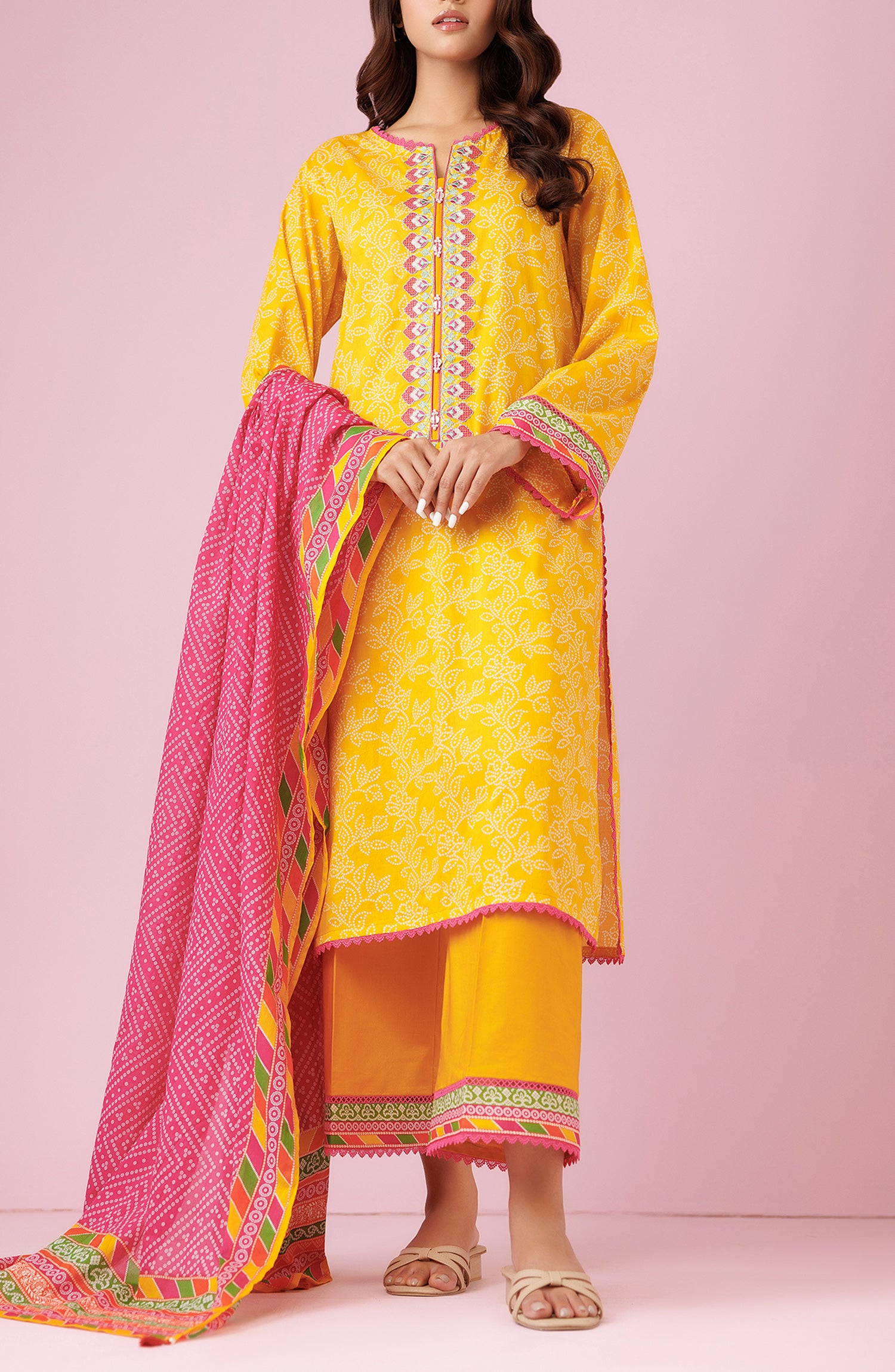 Unstitched 3 Piece Embroidered Lawn Shirt , Cambric Pant and Lawn Dupatta (OTL-24-121/U YELLOW)