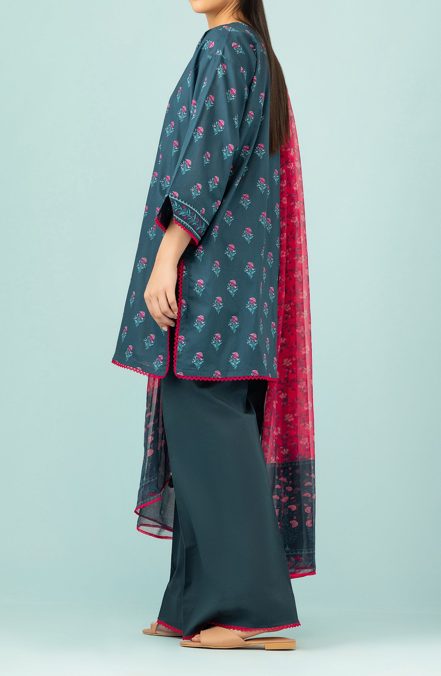 Unstitched 3 Piece Embroidered Lawn Shirt , Cambric Pant and Lawn Dupatta (OTL-24-108/U TEAL)