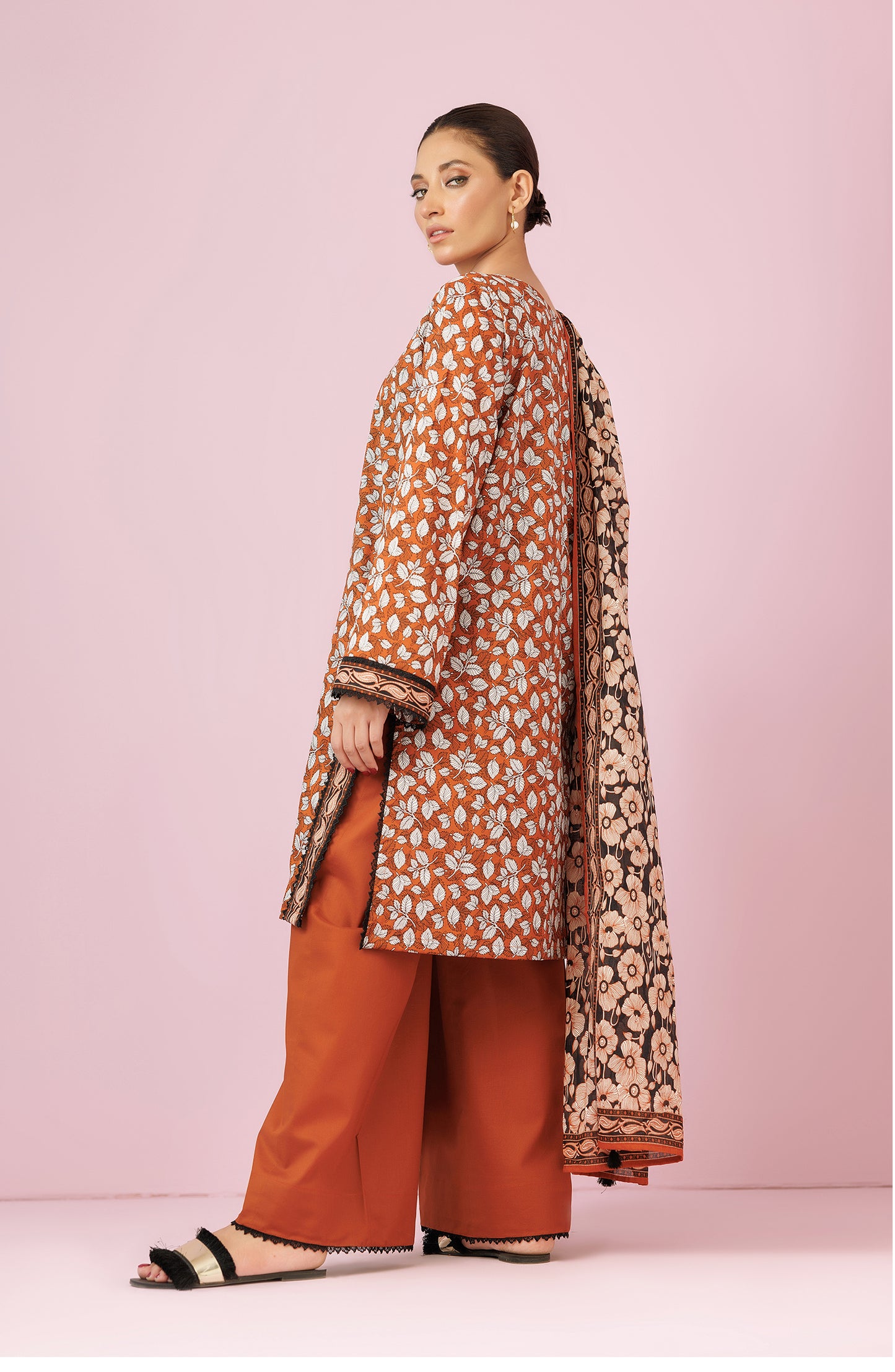 Unstitched 3 Piece Printed Lawn Shirt , Cambric Pant and Lawn Dupatta (OTL-24-370/U BROWN)