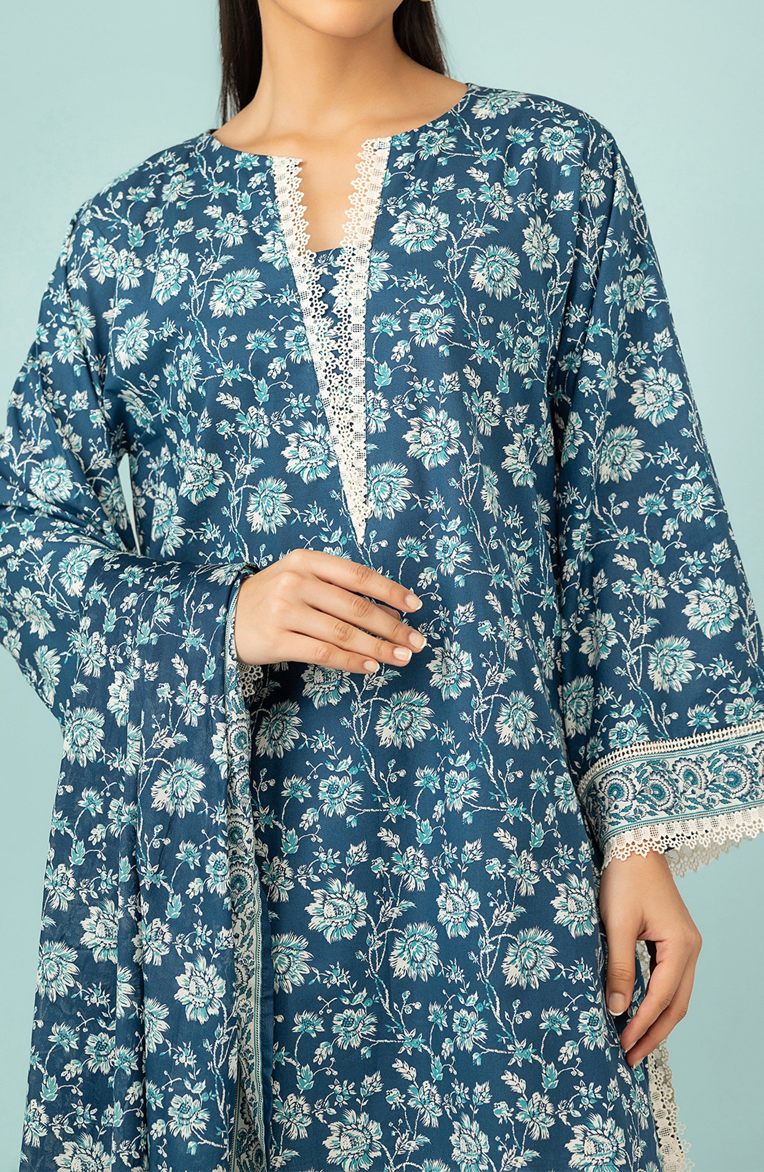 Unstitched 3 Piece Printed Lawn Shirt , Cambric Pant and Lawn Dupatta (OTL-24-422/U BLUE)