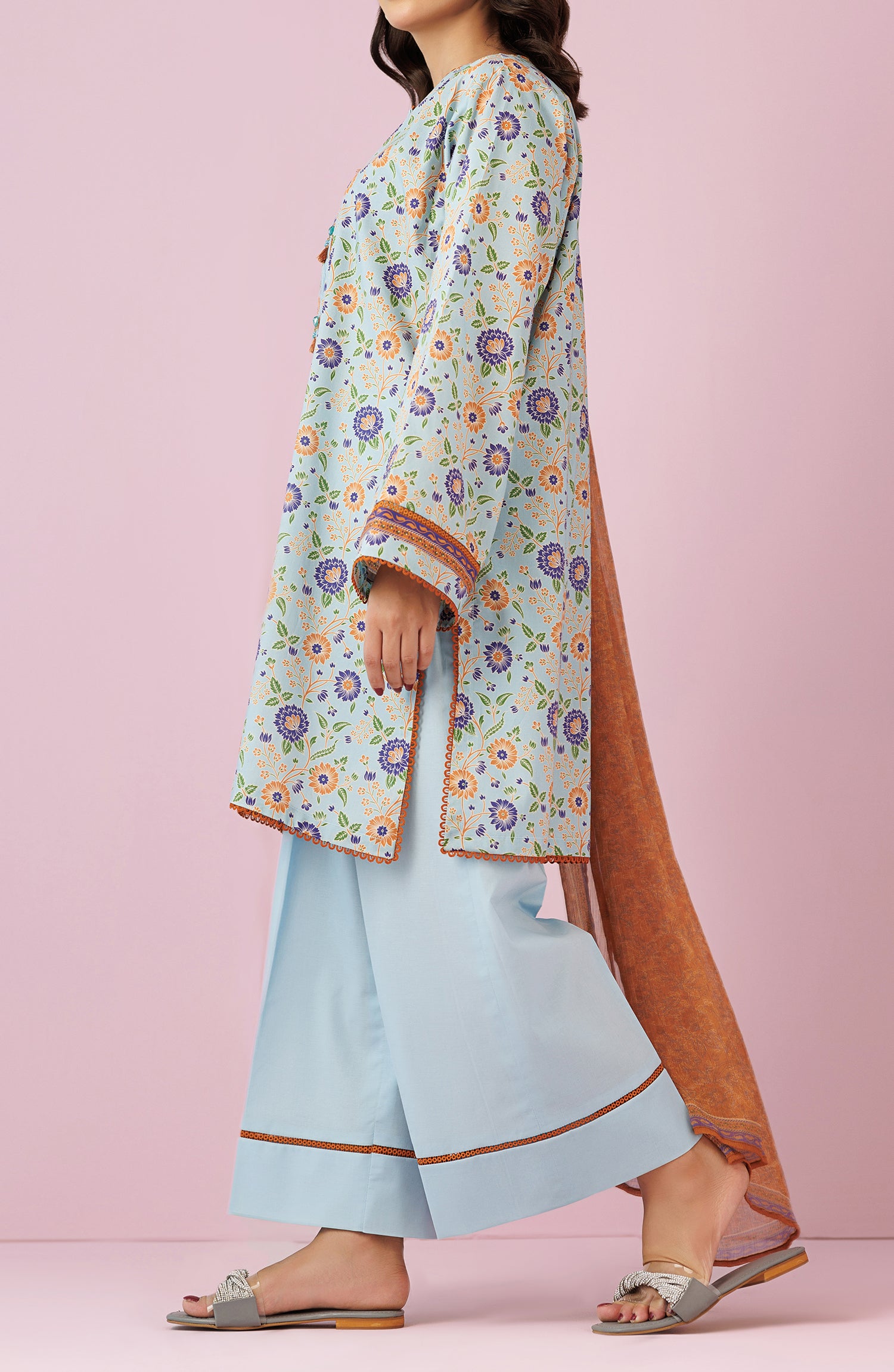 Unstitched 3 Piece Printed Lawn Shirt , Cambric Pant and Kitonic Chiffon Dupatta (OTL-24-297/U SKY BLUE)