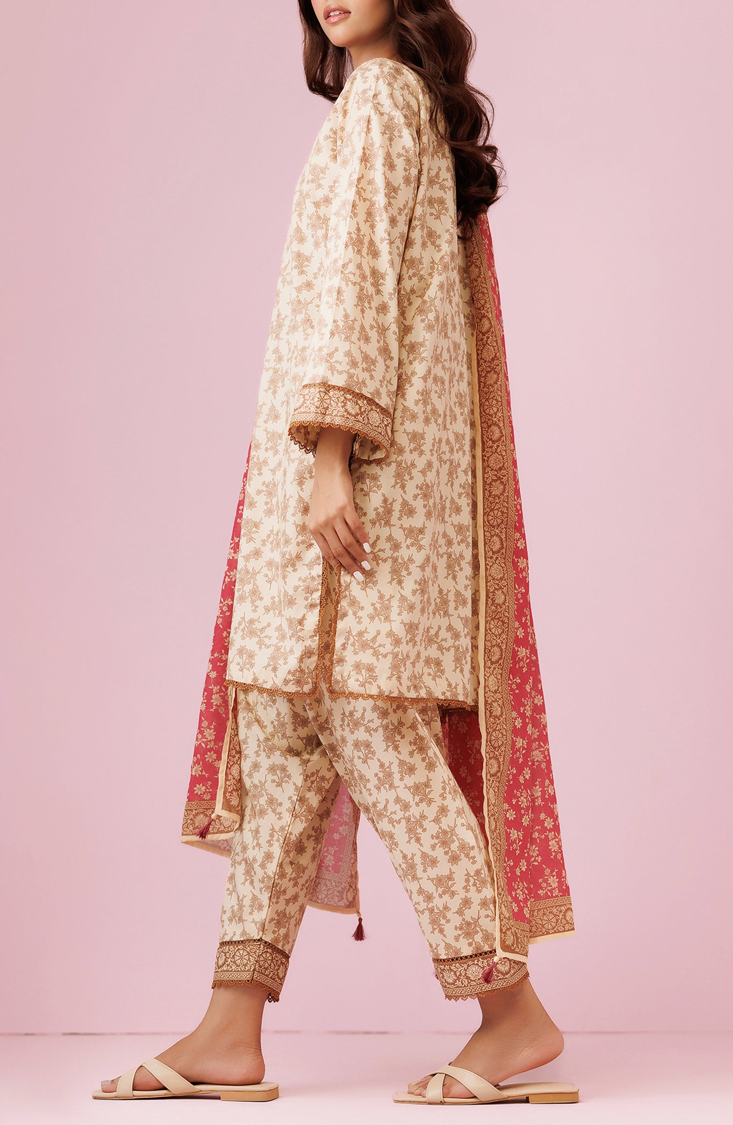 Unstitched 3 Piece Printed Lawn Shirt , Cambric Pant and Lawn Dupatta (OTL-24-218/U BEIGE)