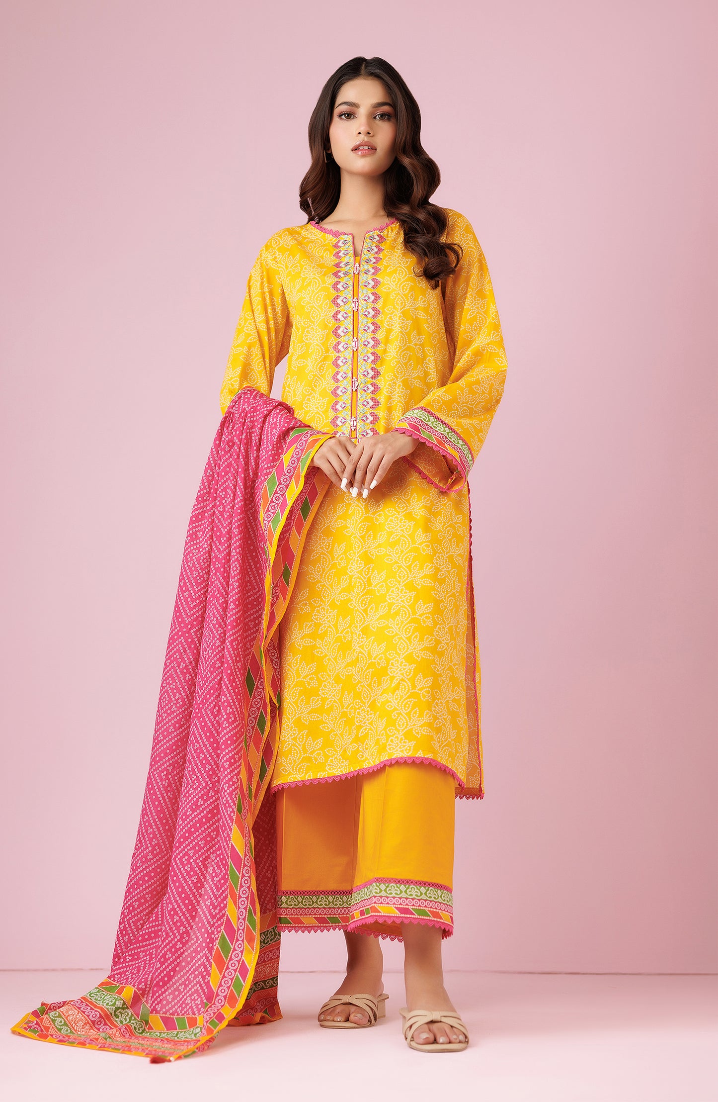 Unstitched 3 Piece Embroidered Lawn Shirt , Cambric Pant and Lawn Dupatta (OTL-24-121/U YELLOW)