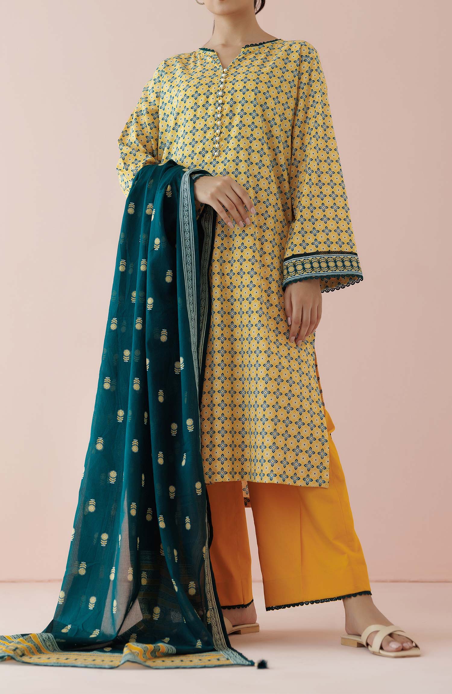 Unstitched 3 Piece Printed Lawn Shirt , Cambric Pant and Lawn Dupatta (OTL-24-089/U OCHER)