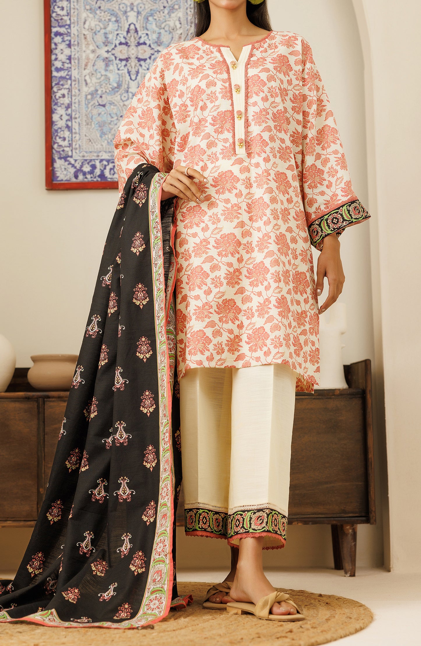 Stitched 3 Piece Printed Khaddar Shirt , Khaddar Pant and Khaddar Dupatta (OTL-24-425/S BEIGE)