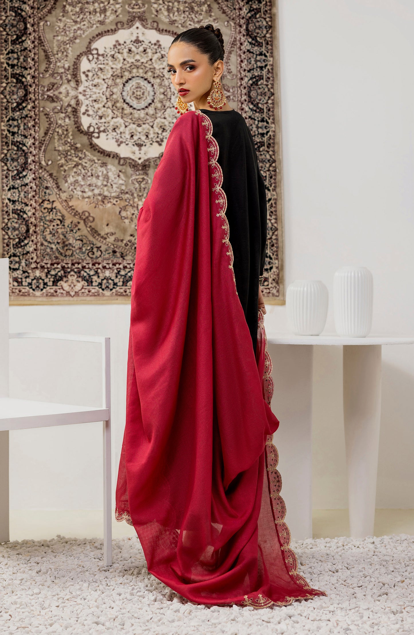 Stitched 3 Piece Embroidered Cotton Silk Shirt , Cotton Silk Pant and Slub Khaddar Dupatta (OTLF-23-057/S BLACK)