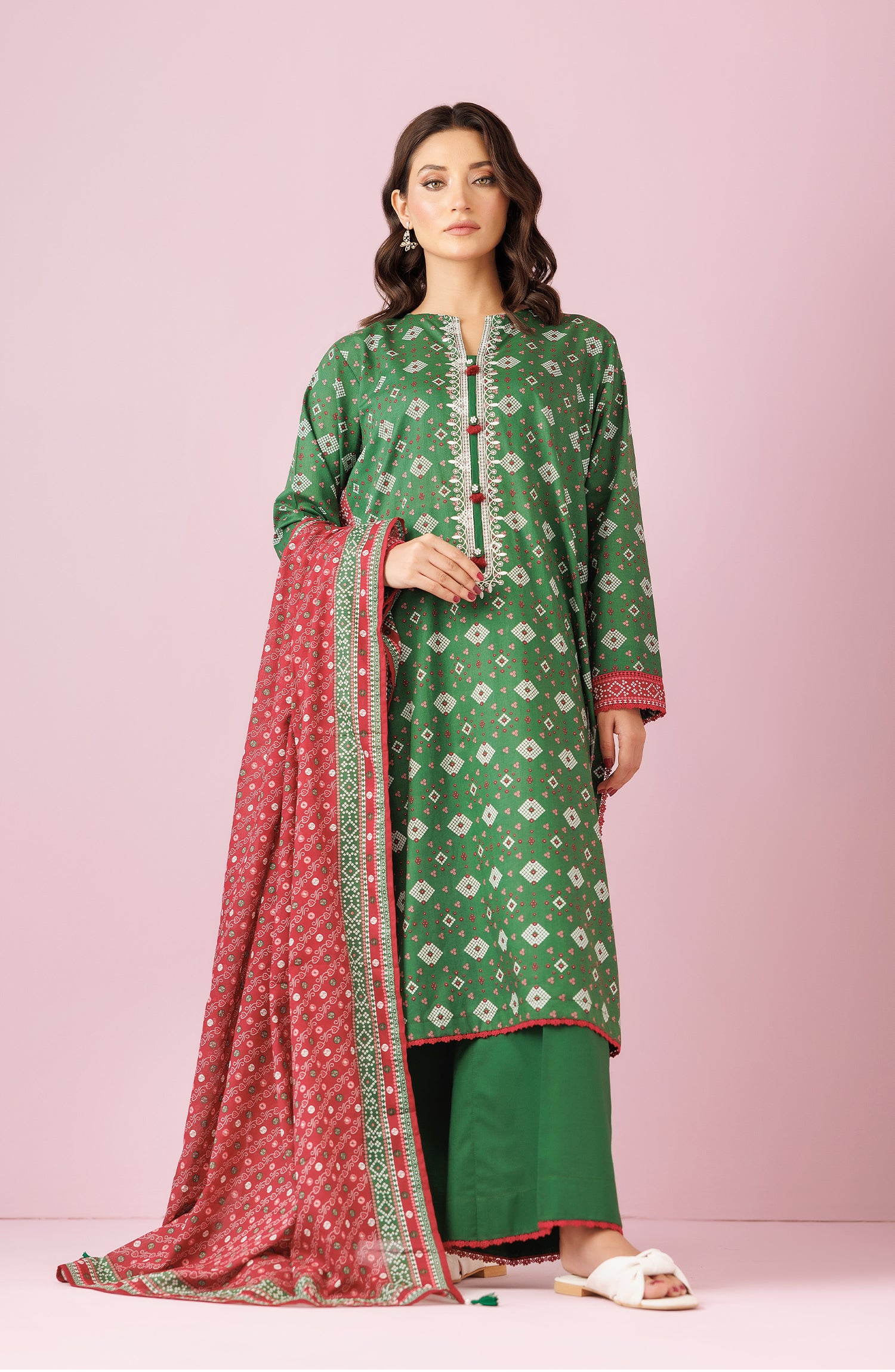 Unstitched 3 Piece Embroidered Lawn Shirt , Cambric Pant and Lawn Dupatta (OTL-24-057/U GREEN)