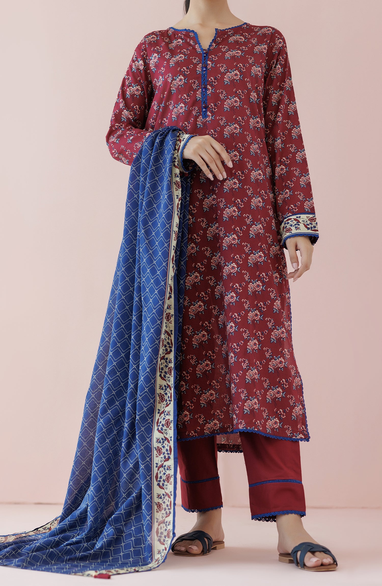 Stitched 3 Piece Printed Lawn Shirt , Cambric Pant and Lawn Dupatta (OTL-24-237/S MAROON)