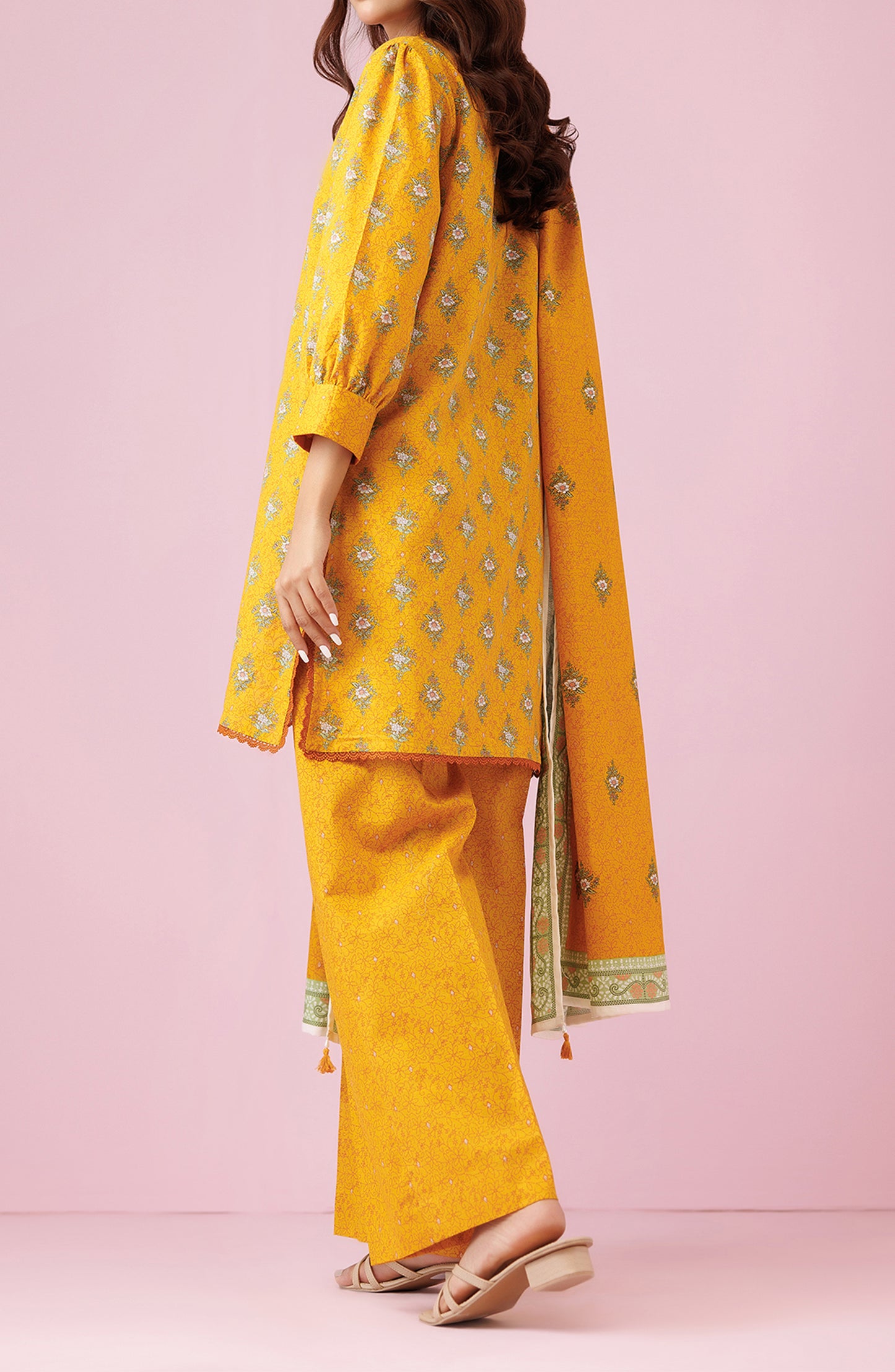 Unstitched 3 Piece Printed Khaddar Shirt , Khaddar Pant and Khaddar Dupatta (OTL-24-476/U OCHRE)