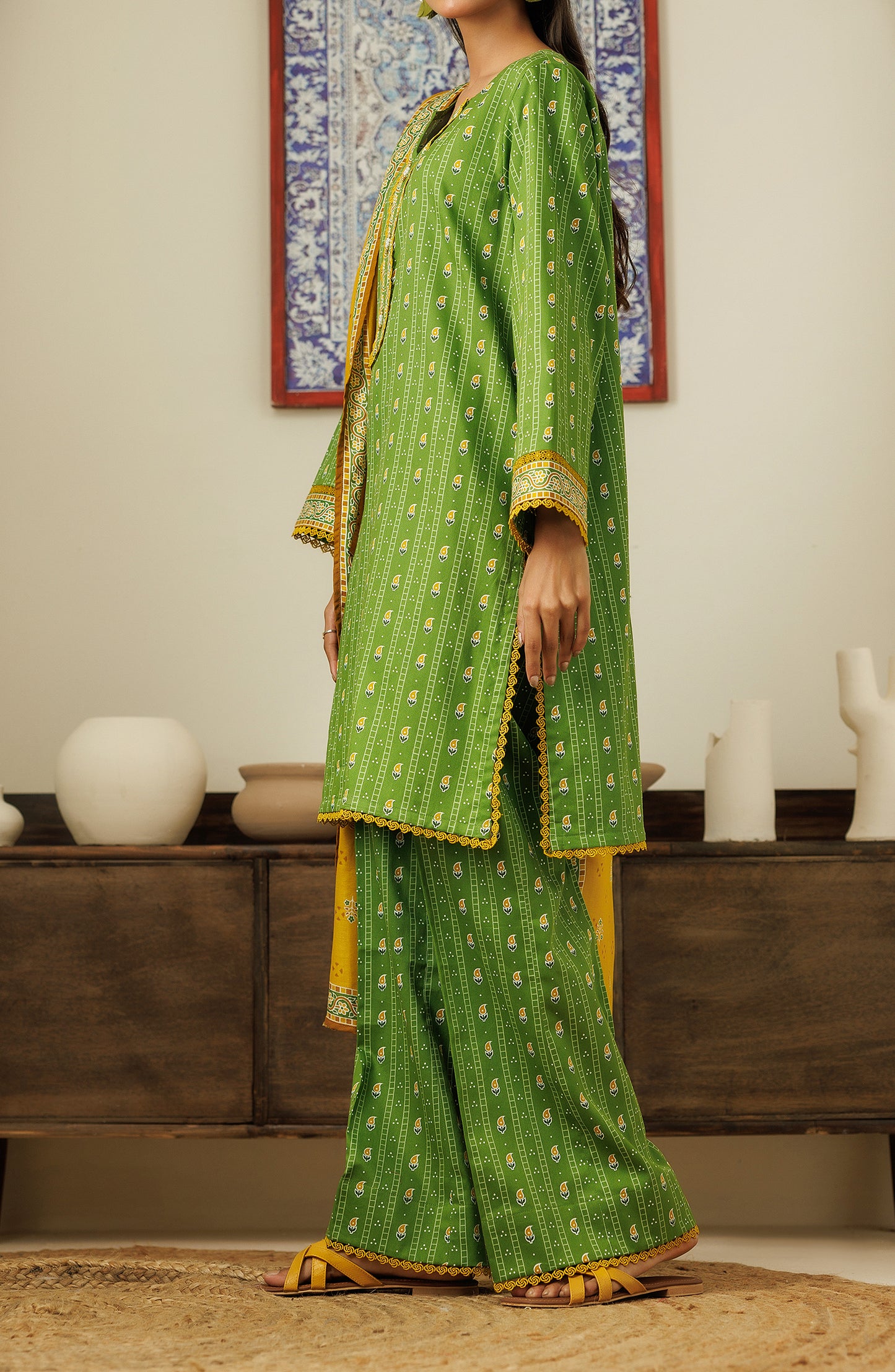 Unstitched 3 Piece Printed Cottel Shirt , Cottel Pant and Cottel Dupatta (OTL-24-451/U GREEN)