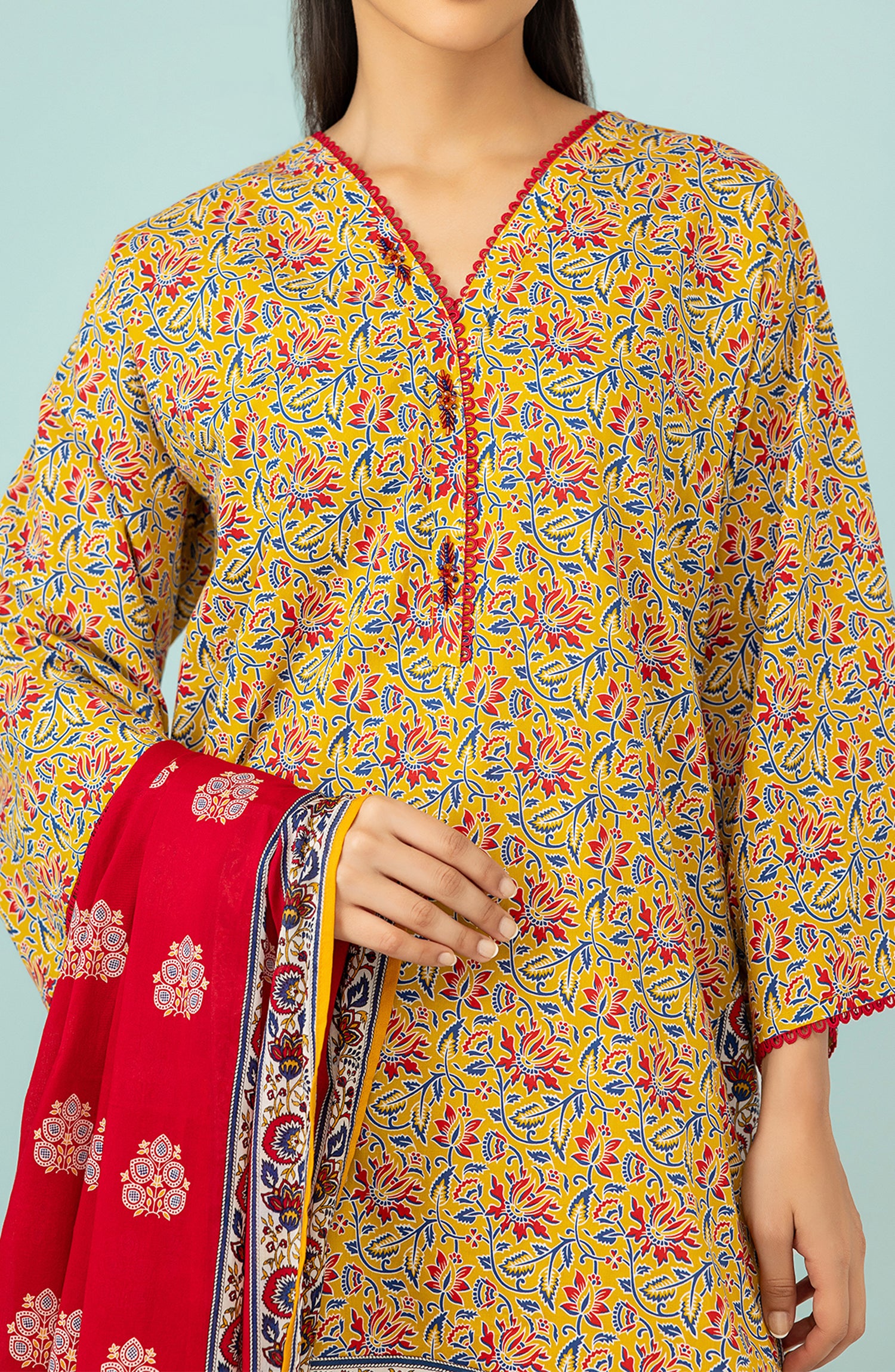 Unstitched 3 Piece Printed Lawn Shirt , Cambric Pant and Lawn Dupatta (OTL-24-198/U YELLOW)