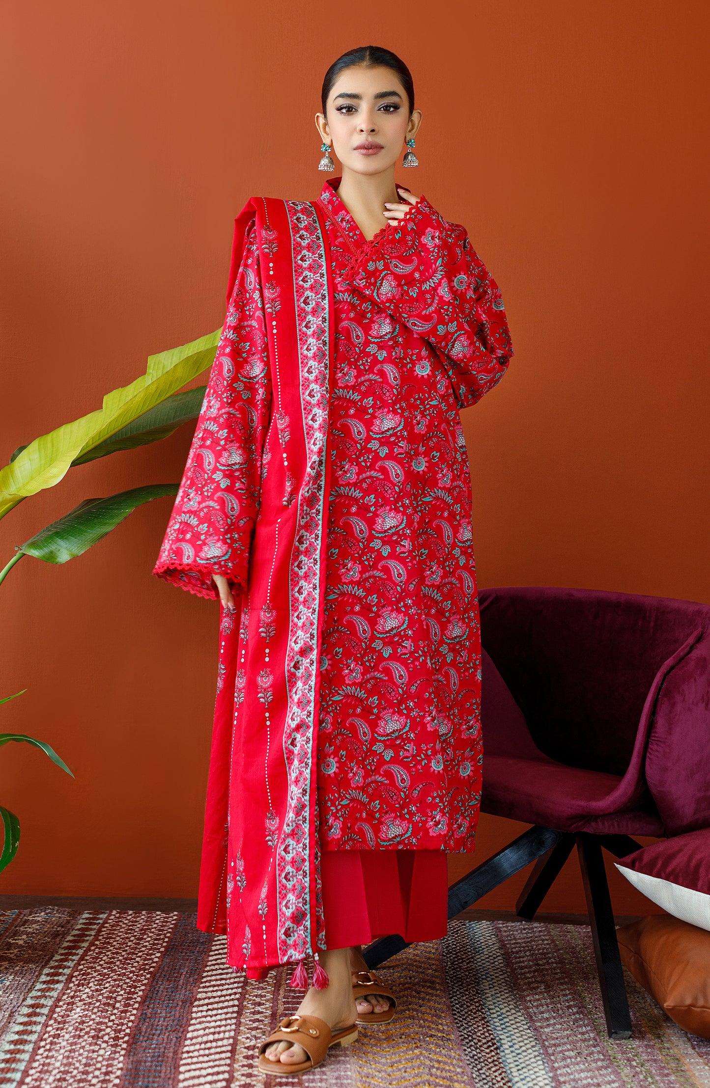 OTL-23-313/U RED LAWN Women UNSTITCHED SHIRT DUPATTA PANTS