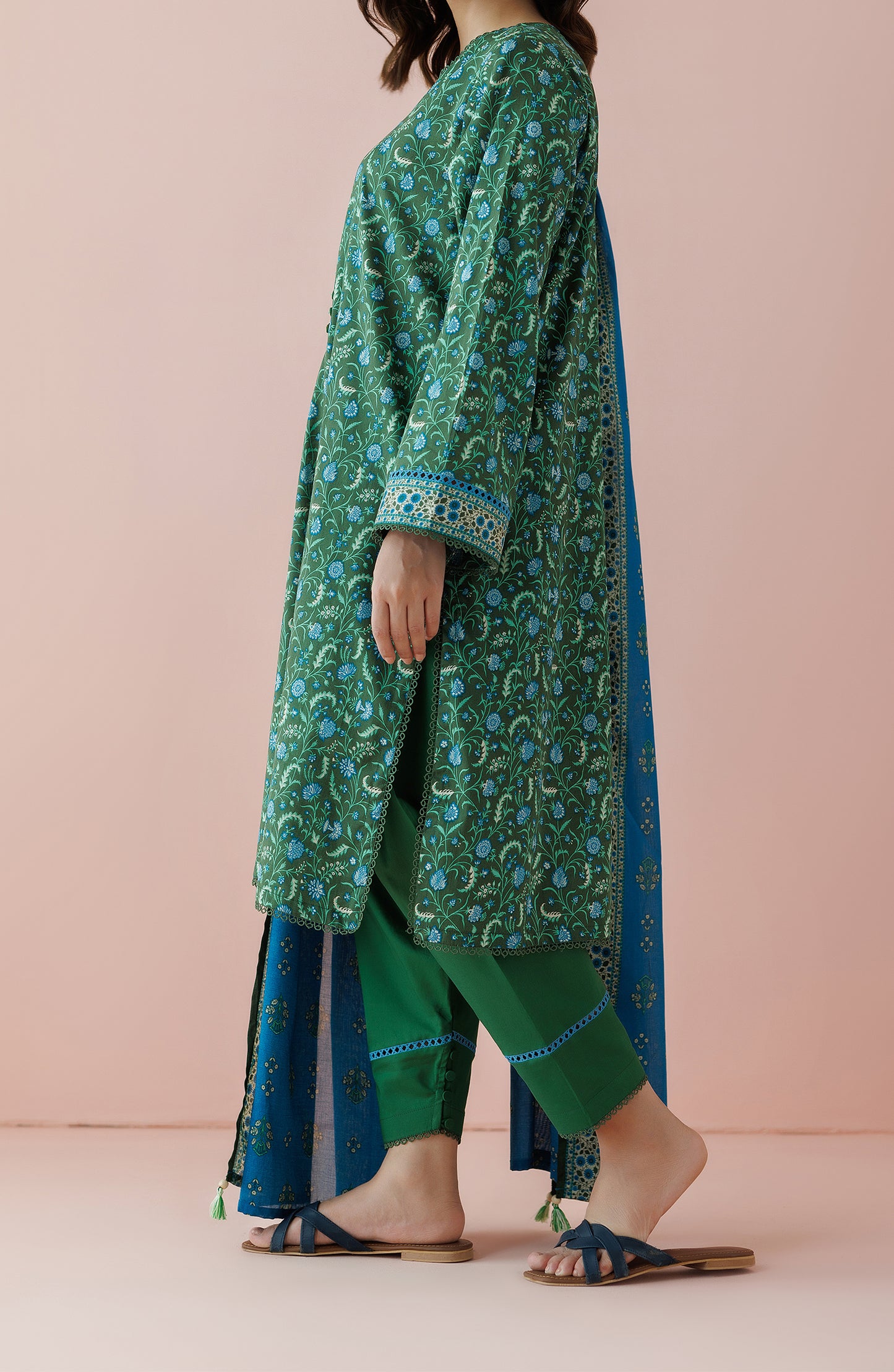 Unstitched 3 Piece Printed Lawn Shirt , Cambric Pant and Lawn Dupatta (OTL-24-190/U GREEN)