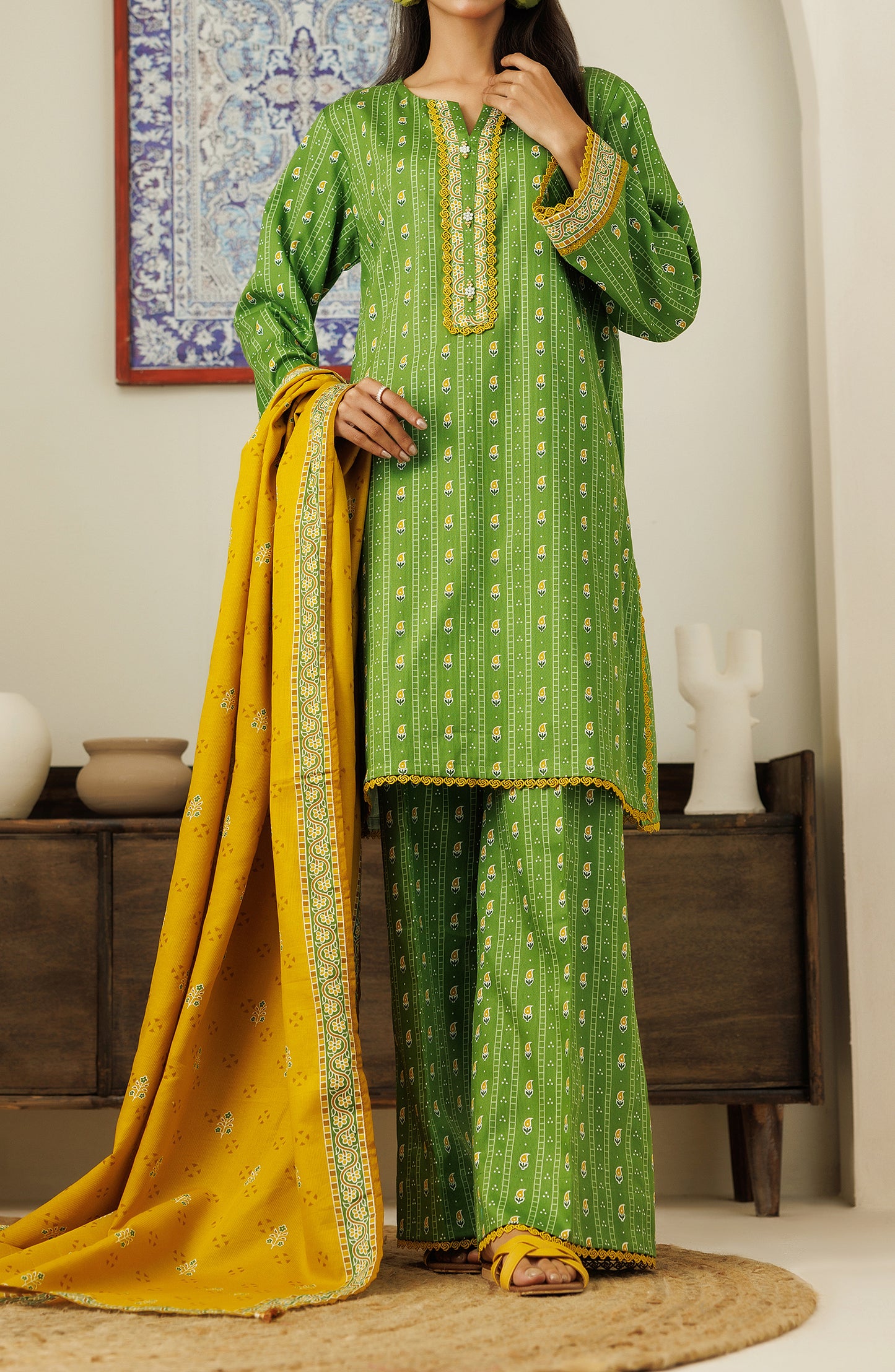 Unstitched 3 Piece Printed Cottel Shirt , Cottel Pant and Cottel Dupatta (OTL-24-451/U GREEN)