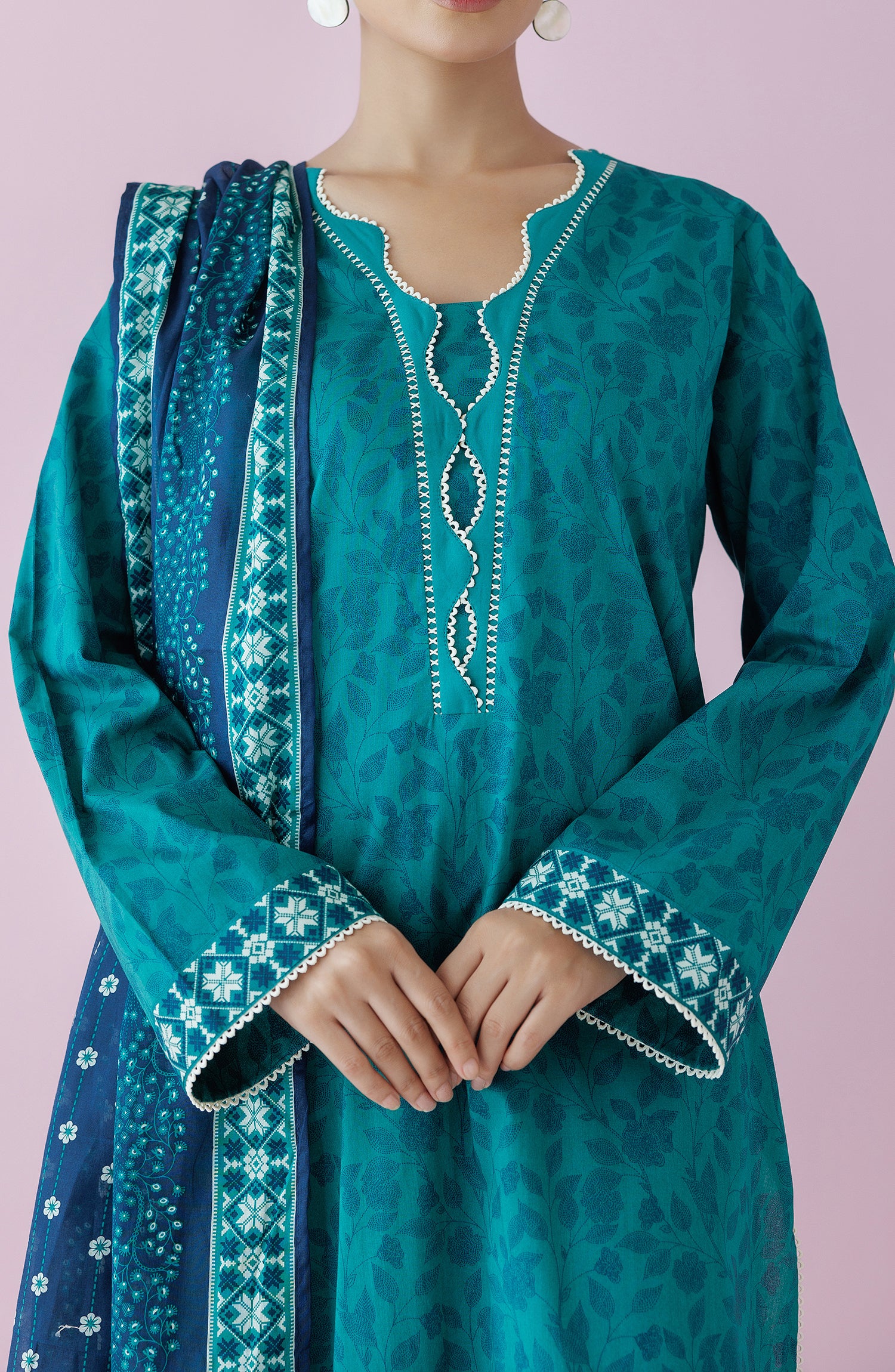 Unstitched 3 Piece Printed Lawn Shirt , Cambric Pant and Lawn Dupatta (OTL-24-314/U TEAL)