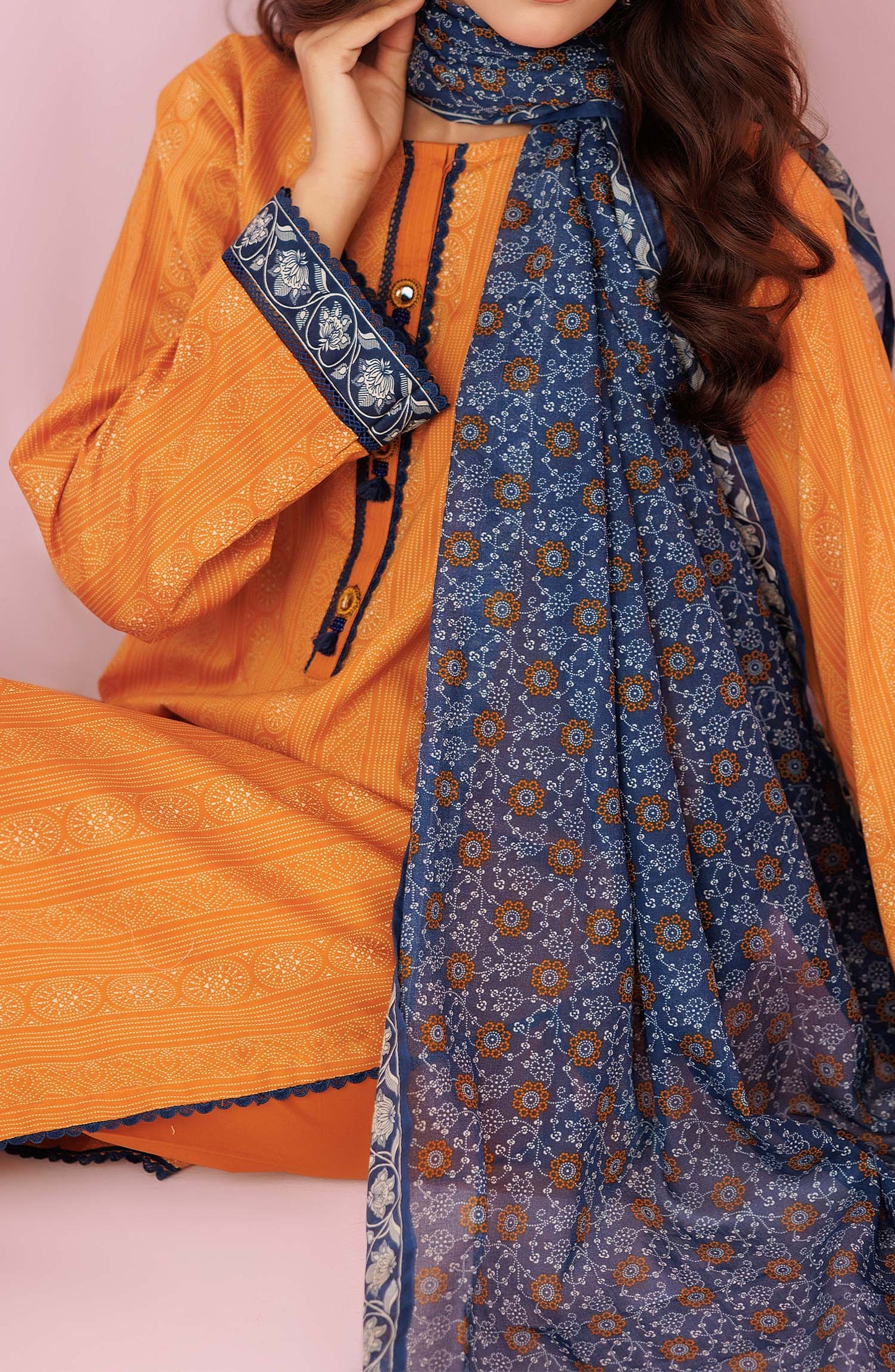 Unstitched 3 Piece Printed Lawn Shirt , Cambric Pant and Lawn Dupatta (OTL-24-207/U OCHRE)