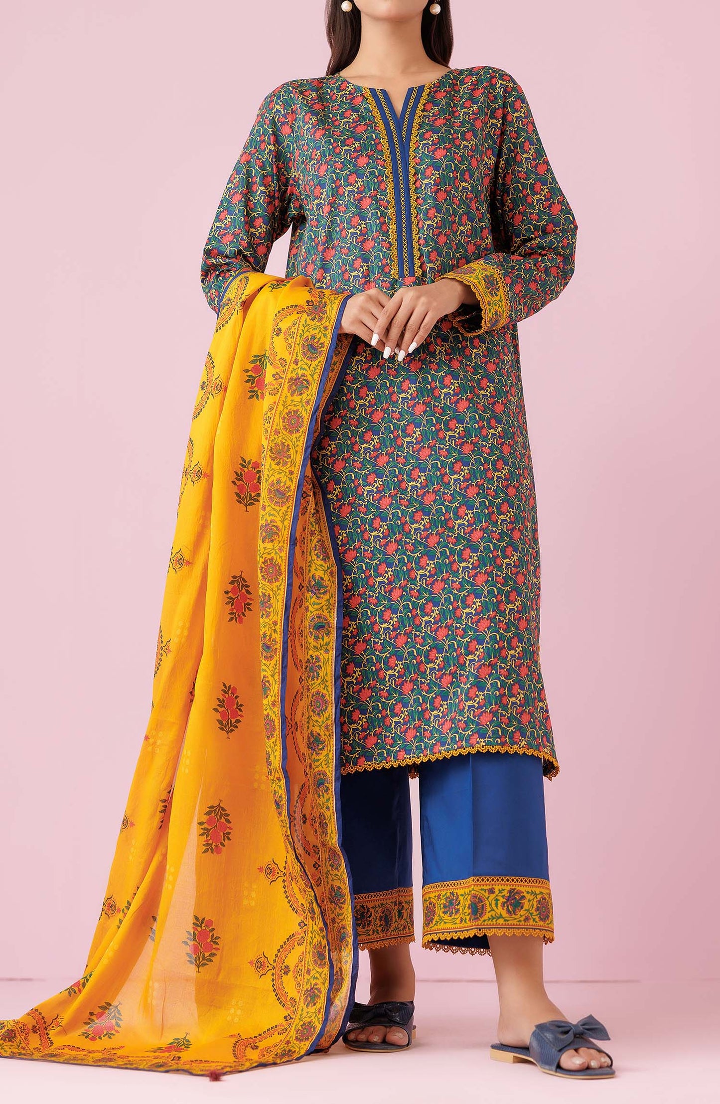 Unstitched 3 Piece Printed Lawn Shirt , Cambric Pant and Lawn Dupatta (OTL-24-348/U BLUE)