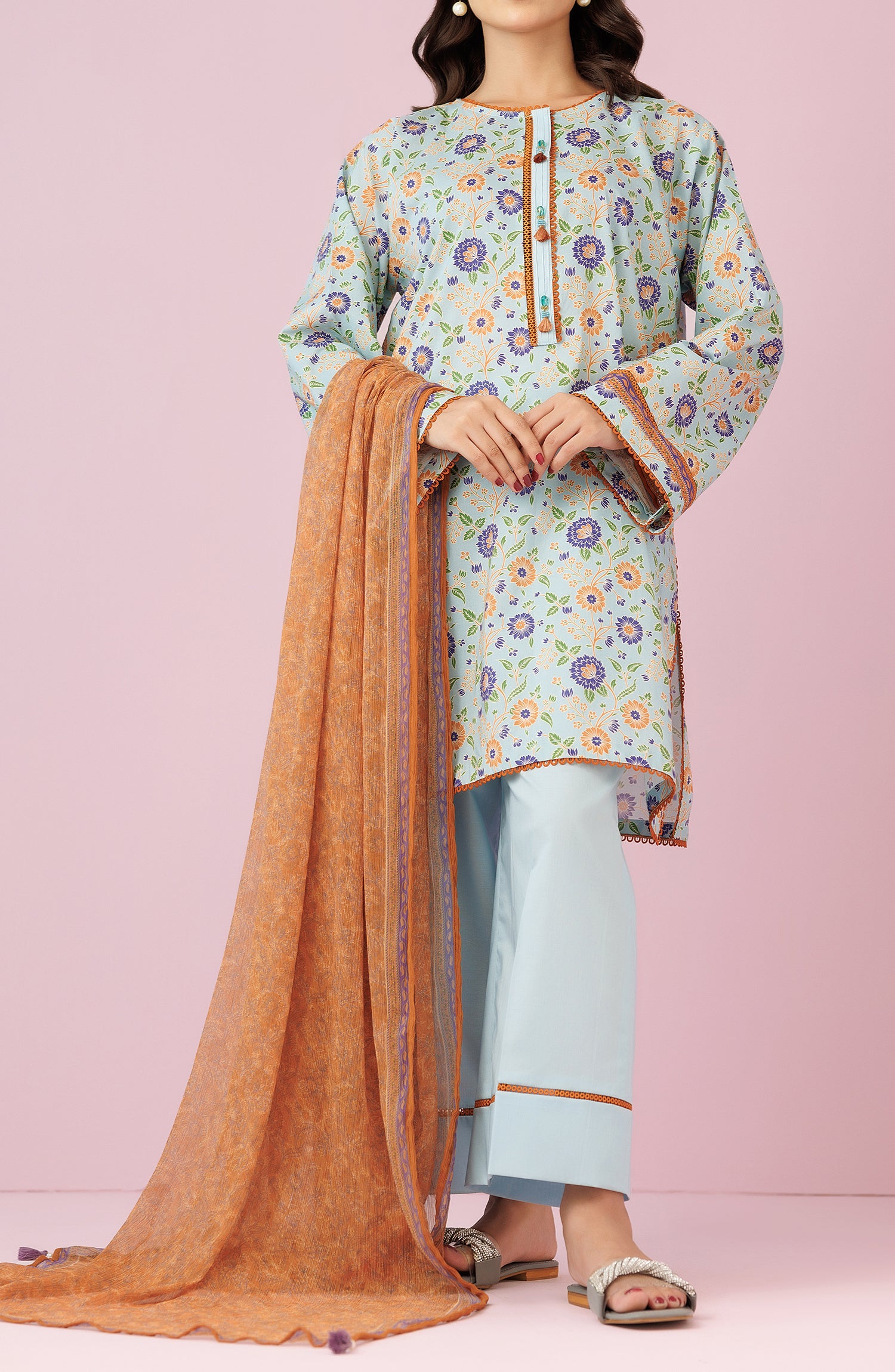 Unstitched 3 Piece Printed Lawn Shirt , Cambric Pant and Kitonic Chiffon Dupatta (OTL-24-297/U SKY BLUE)